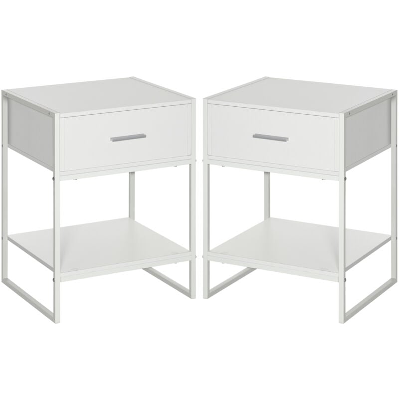 foto del prodotto homcom comodino con cassetto e ripiano aperto set 2 pezzi mdf e acciaio bianco