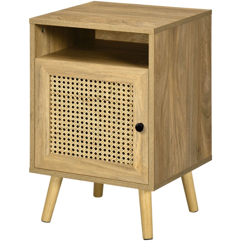 foto del prodotto homcom comodino in legno e rattan stile boho con armadietto e ripiano aperto