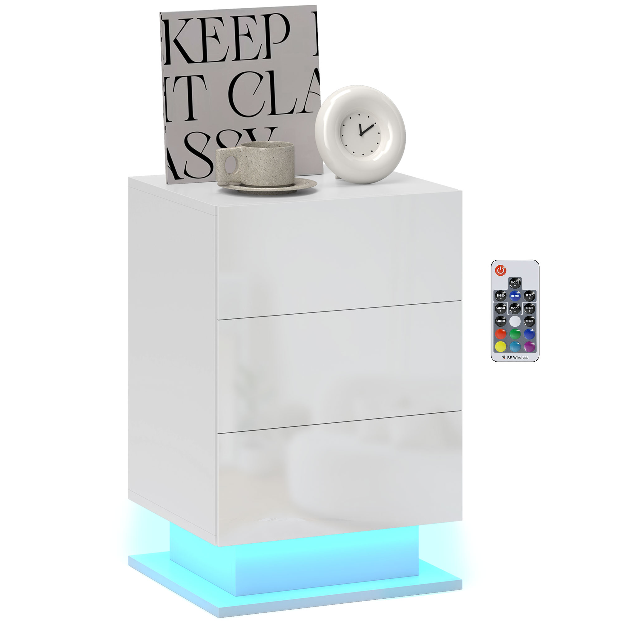 foto del prodotto homcom comodino moderno con luce led regolabile con telecomando e 3 cassetti, 40x35x60 cm, bianco lucido aosom italy