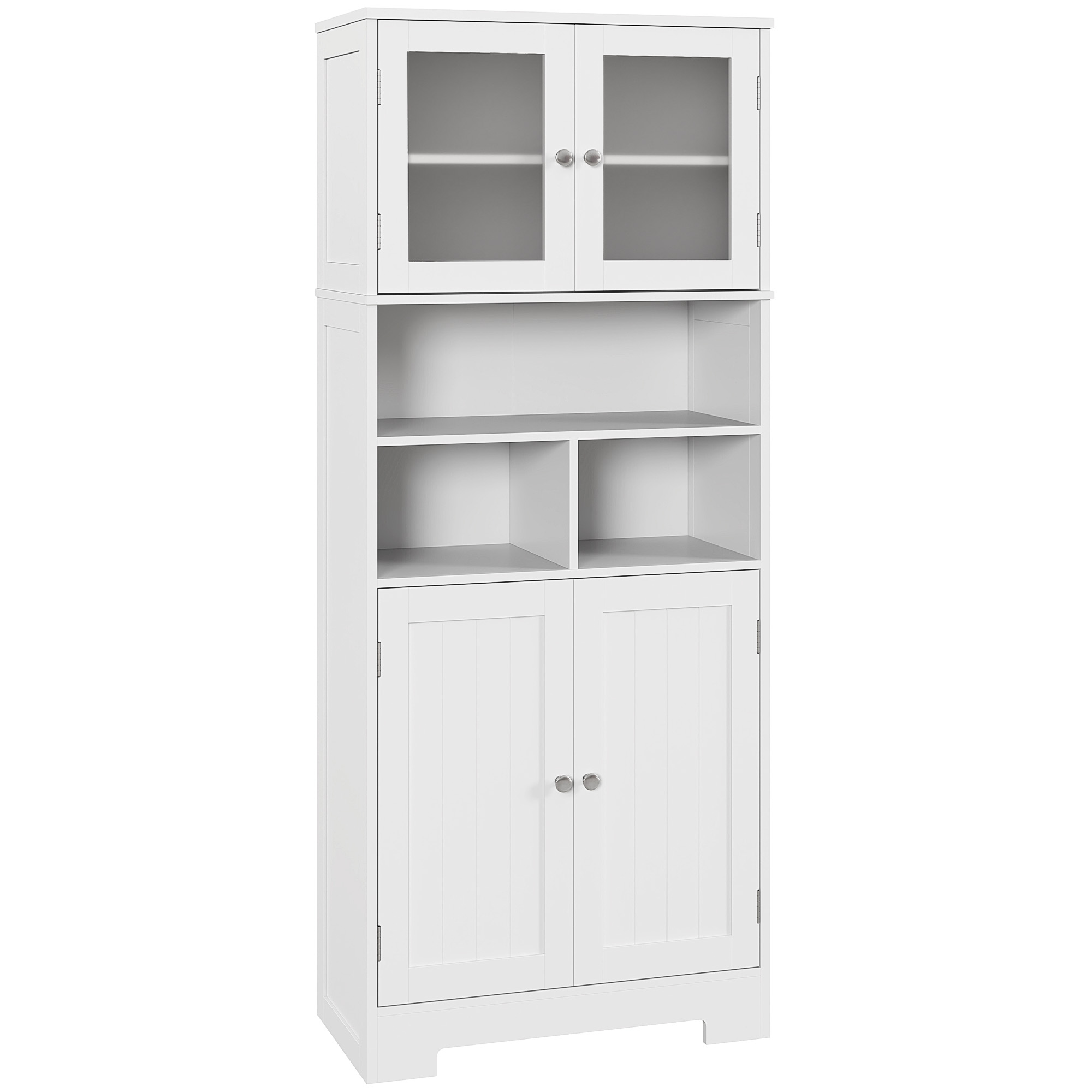 foto del prodotto homcom credenza cucina con 2 armadietti e 3 vani aperti, ante a vetro e ripiani regolabili, 60x30x145.5 cm, bianco aosom italy