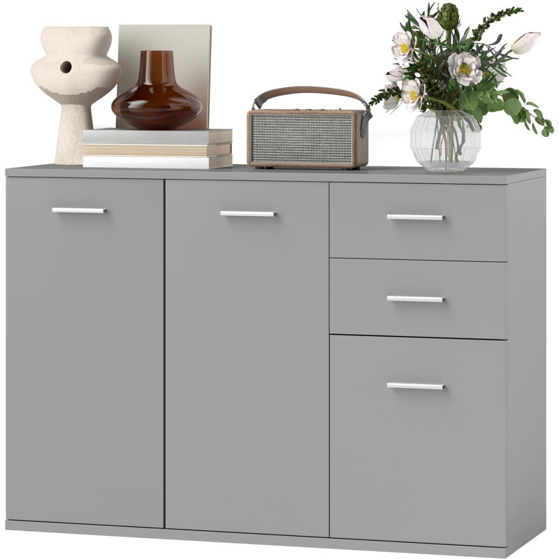 foto del prodotto homcom credenza cucina con 3 armadietti e 2 cassetti in legno grigio chiaro