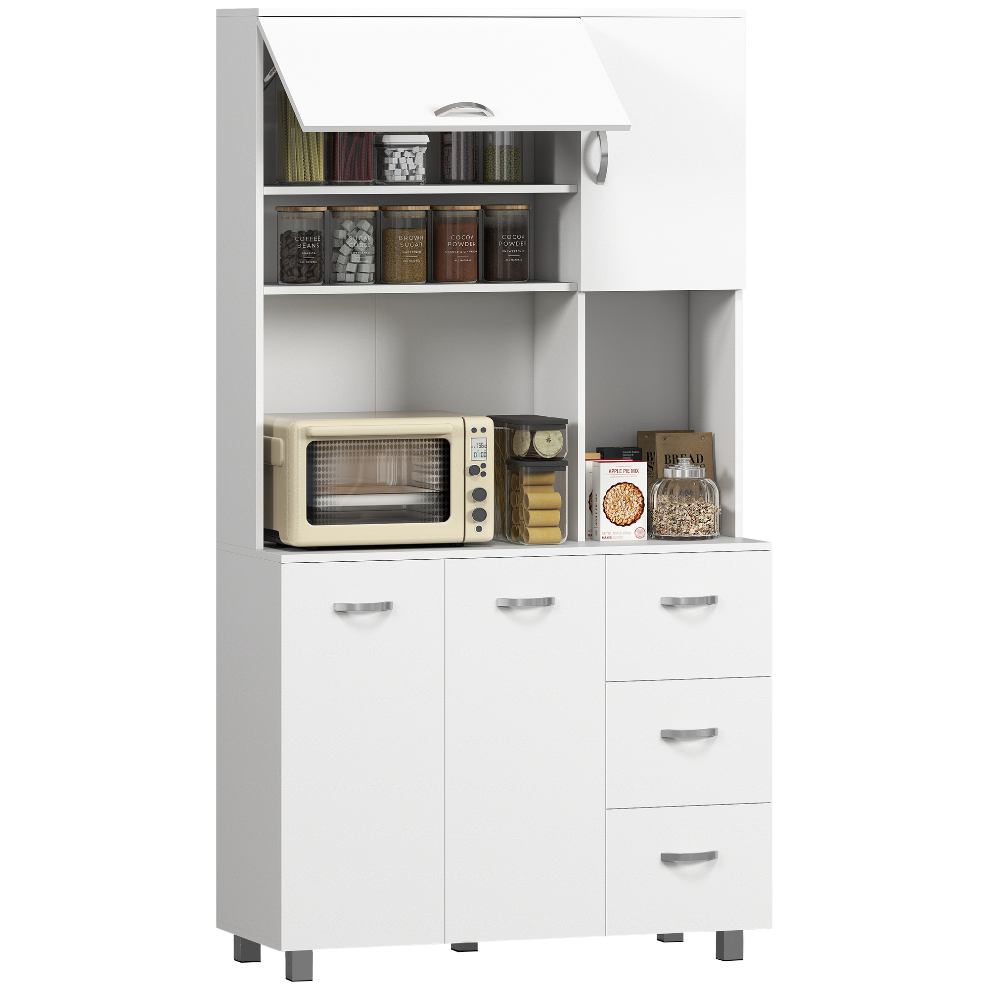 foto del prodotto homcom credenza da cucina moderna con cassetti, armadietti e ripiani aperti, 100x39.5x183.5cm, bianco aosom