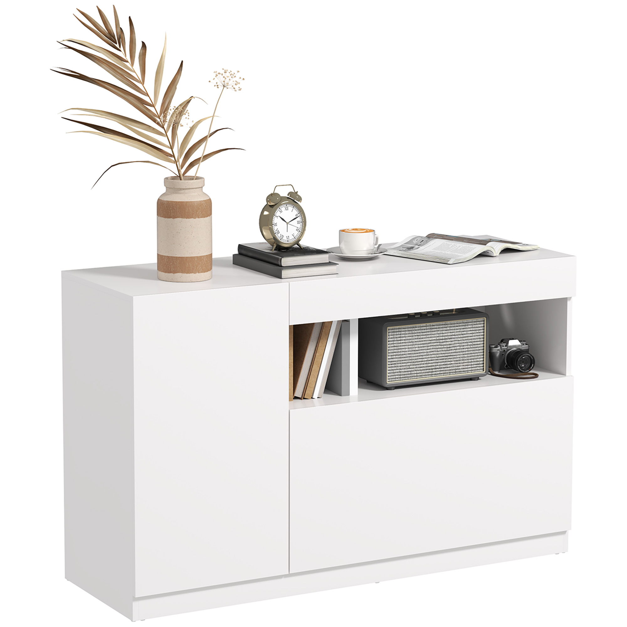 foto del prodotto homcom credenza moderna bassa con ante ammortizzate e apertura a pressione, ripiani regolabili, bianco