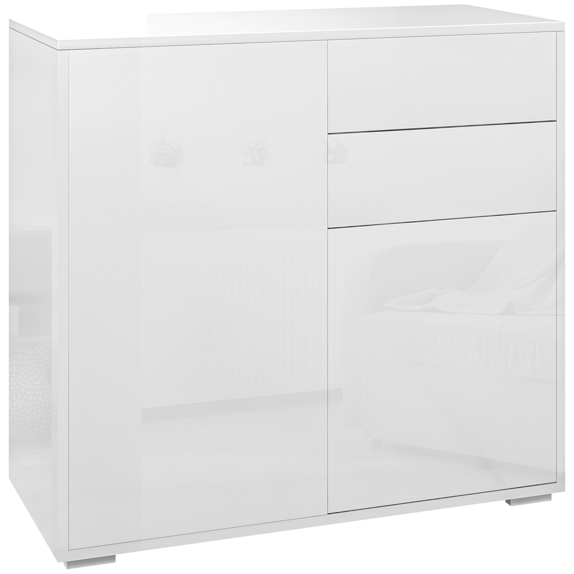 foto del prodotto homcom credenza moderna con 2 armadietti e 2 cassetti con apertura a pressione, 79x36x74cm, bianco lucido
