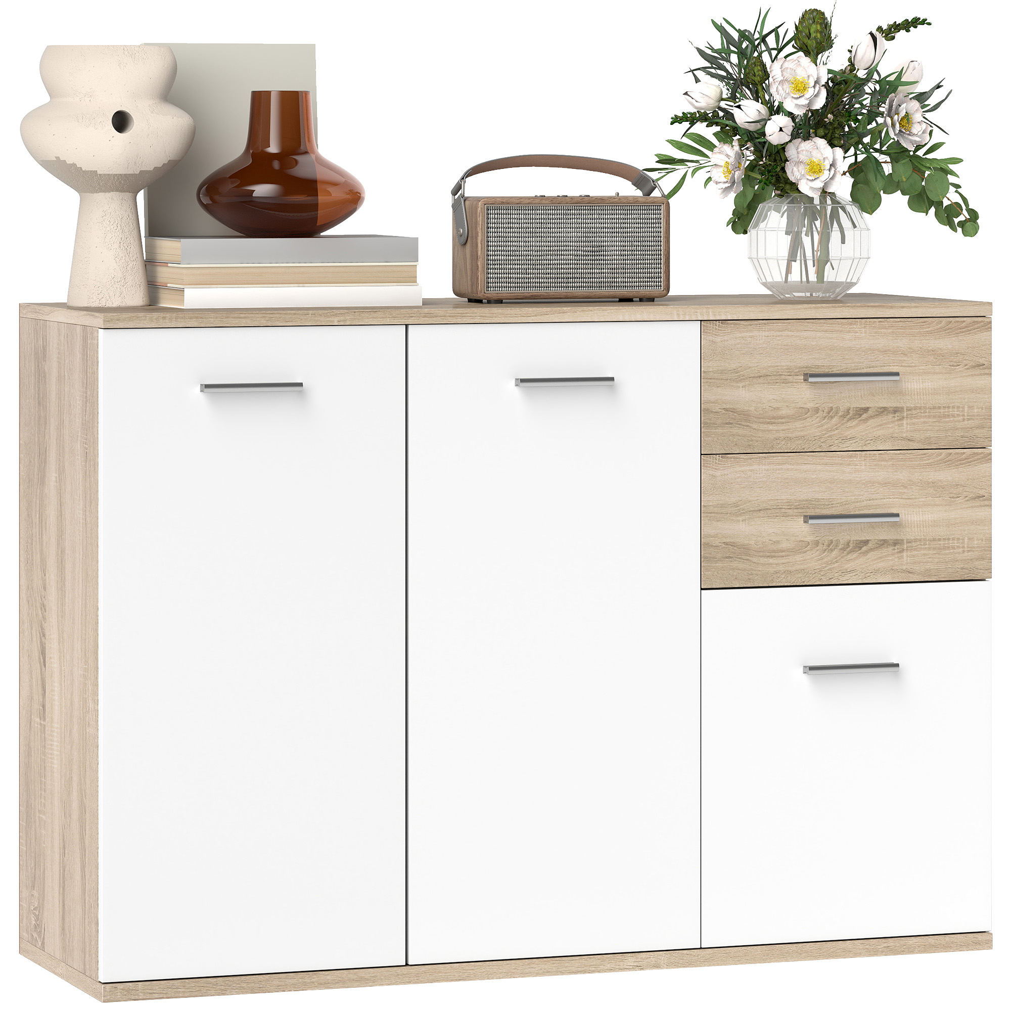 foto del prodotto homcom credenza moderna con 3 armadietti e 2 cassetti, in legno, 106x35x76 cm, color legno