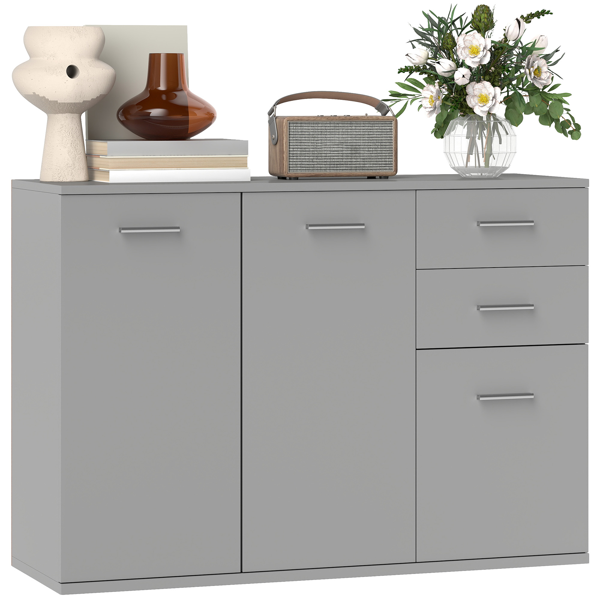 foto del prodotto homcom credenza moderna con 3 armadietti e 2 cassetti, in legno, 106x35x76 cm, grigio chiaro