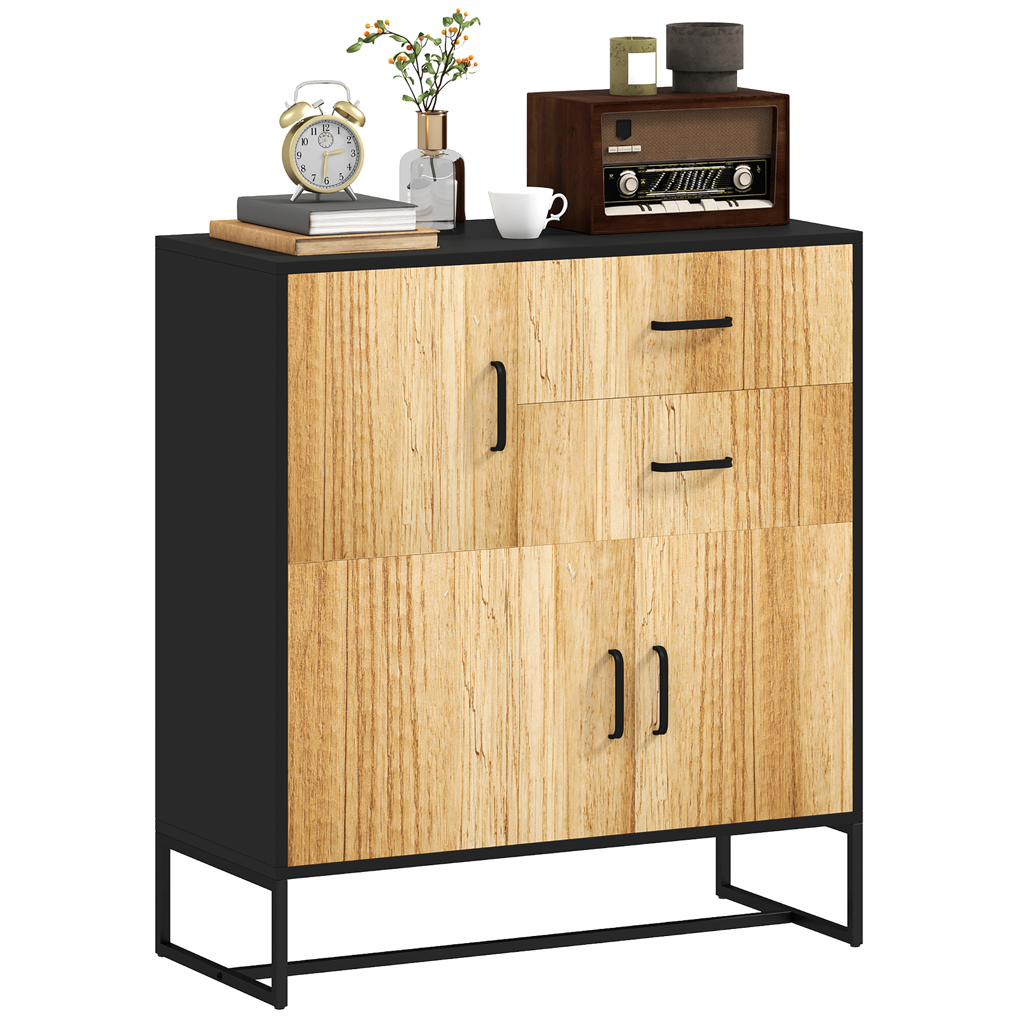 foto del prodotto homcom credenza moderna con 3 armadietti e 2 cassetti, in truciolato e acciaio, 80x35x88 cm, nero e color legno