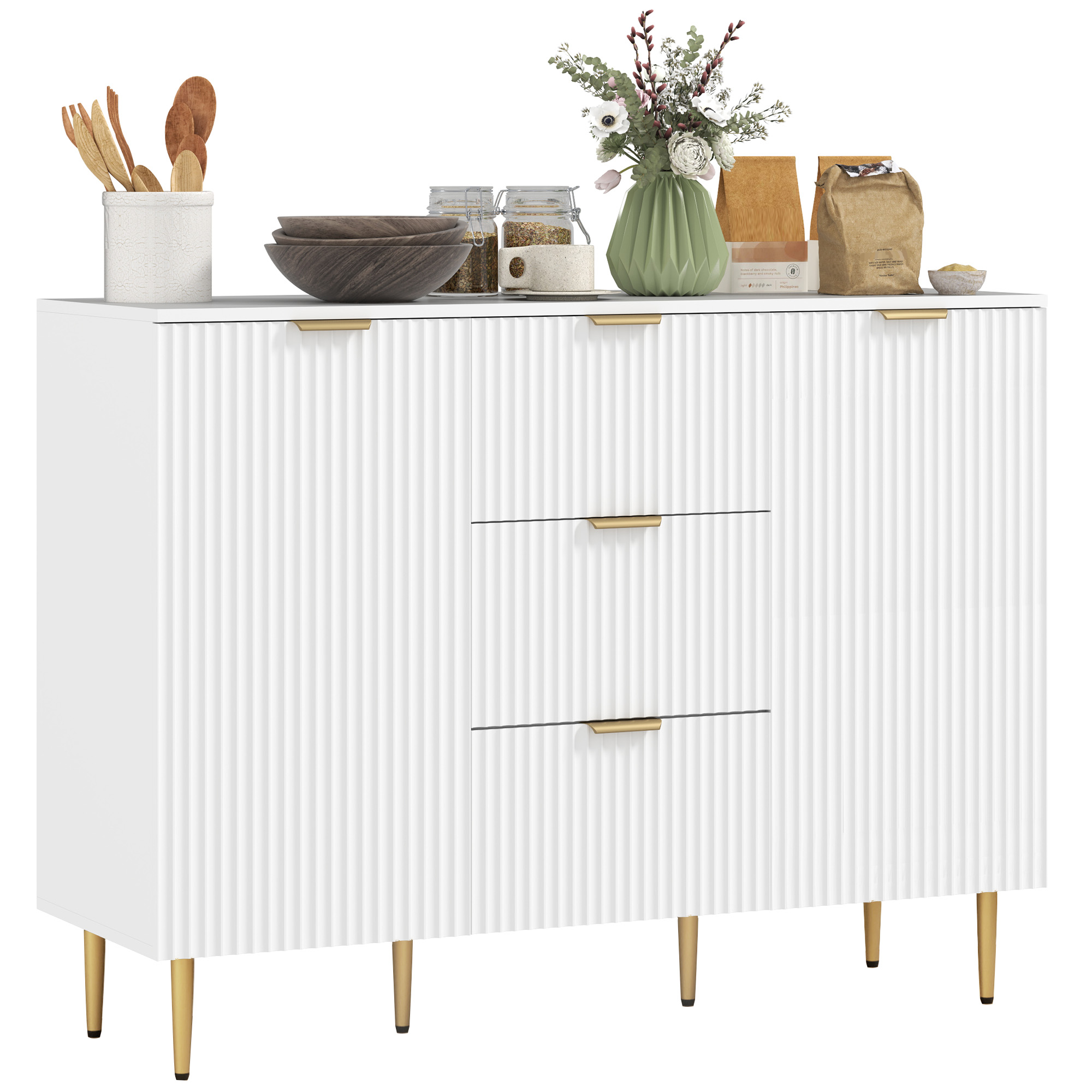 foto del prodotto homcom credenza moderna con 3 cassetti, 2 armadietti e ripiani regolabili, legno e metallo, bianco