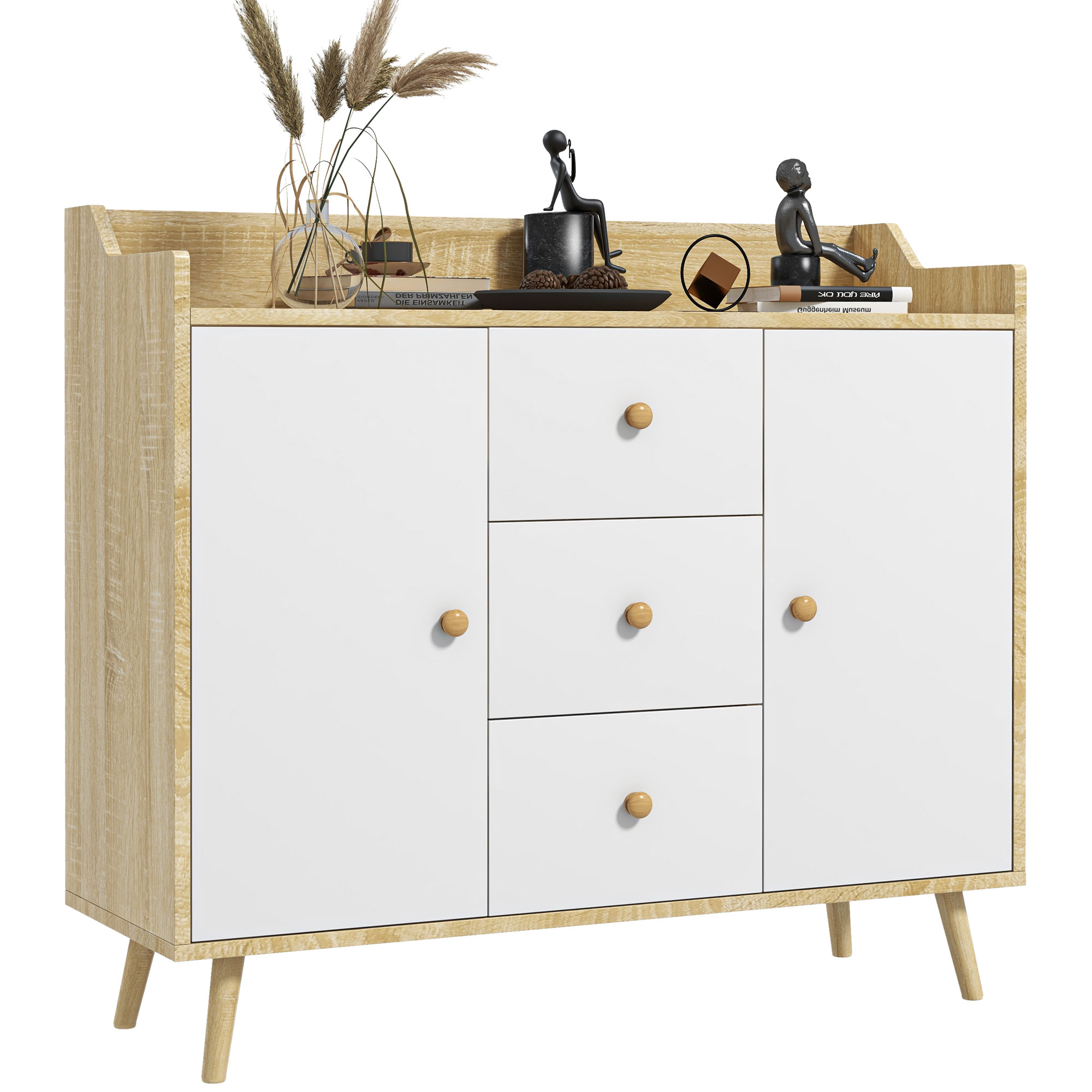 foto del prodotto homcom credenza moderna in truciolato e legno di pino con 3 cassetti e 2 armadietti a 2 livelli, 90x32x80a cm