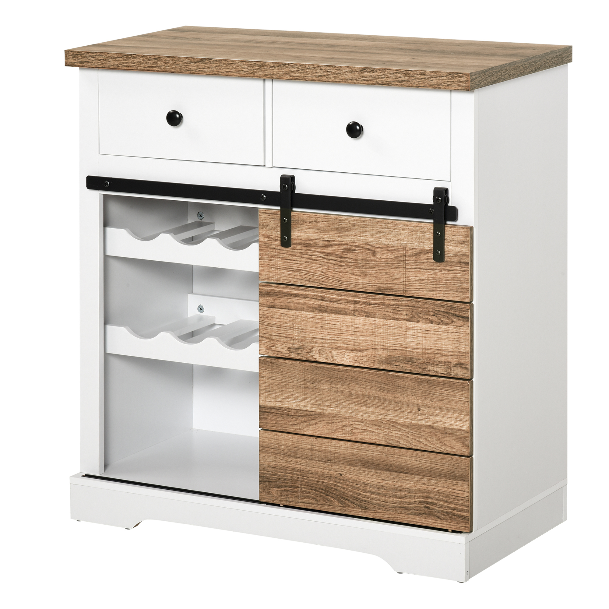 foto del prodotto homcom credenza multiuso rustico con 2 cassetti, ripiani aperti e portabottiglie, per bar, accento,sala,cucina e soggiorno 80x39x86 cm aosom italy
