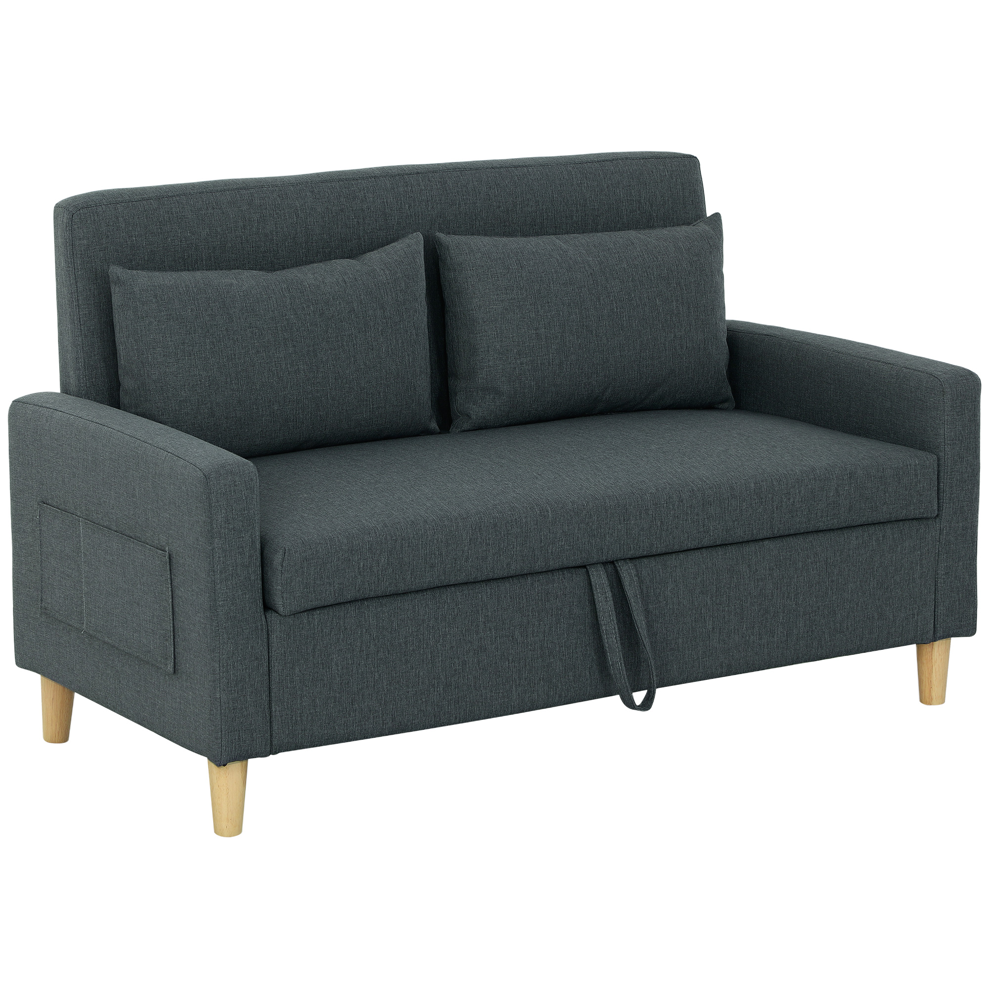 foto del prodotto homcom divano 2 posti con spazio portaoggetti e cuscini, in tessuto effetto lino e legno, 135x72x84 cm, grigio carbone