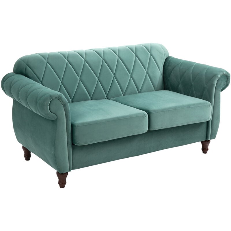 foto del prodotto homcom divano 2 posti in legno e velluto verde, design vintage 148 x 72 x 76cm