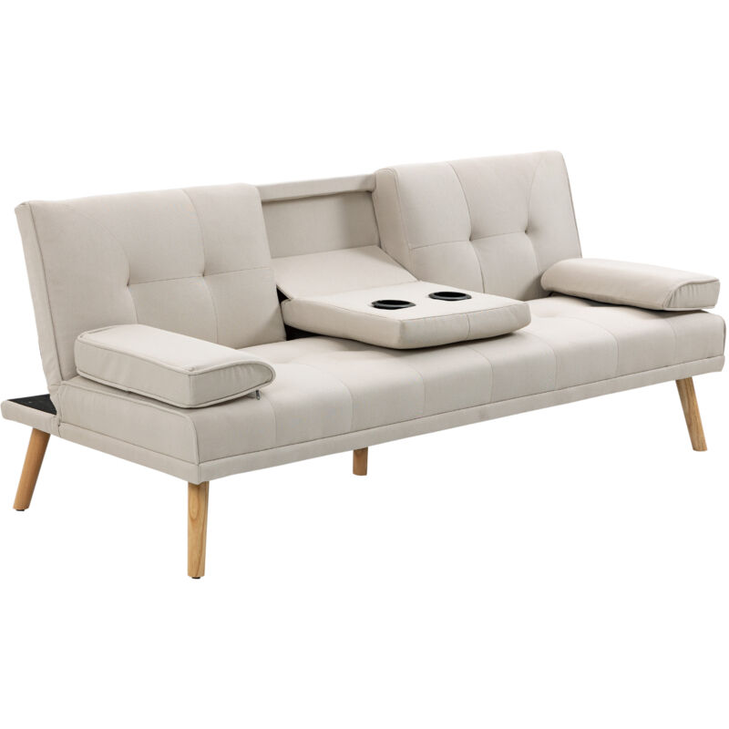 foto del prodotto homcom divano letto 3 posti schienale reclinabile con tavolino a ribalta beige