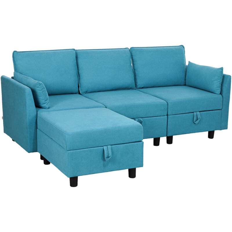 foto del prodotto homcom divano modulare componibile 3 posti con pouf e contenitori blu