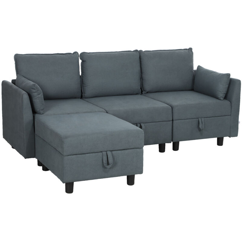 foto del prodotto homcom divano modulare componibile 3 posti con pouf e contenitori grigio