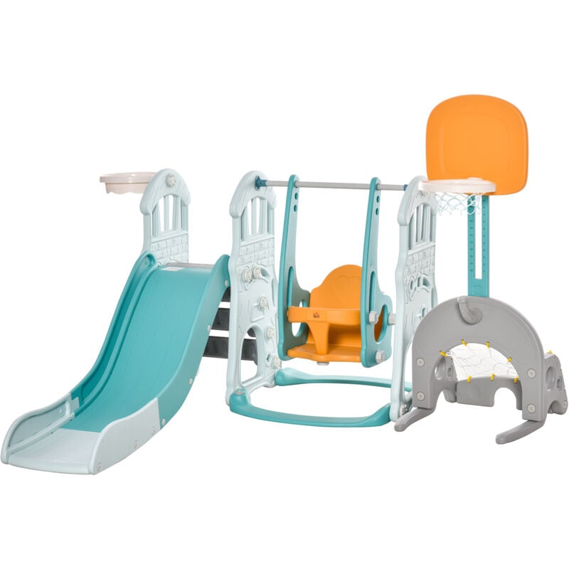 foto del prodotto homcom gioco per bambini 4 anni con scivolo altalena canestro, porta e anelli