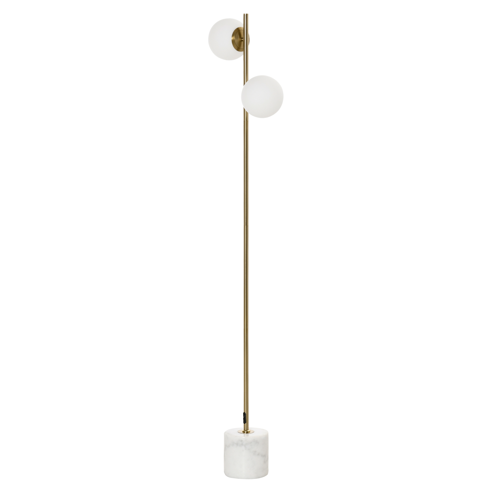 foto del prodotto homcom lampada da terra con 2 paralumi a sfera, lampada a piantana moderna per lampadine e27, interruttore a pedale, altezza 165cm, oro aosom
