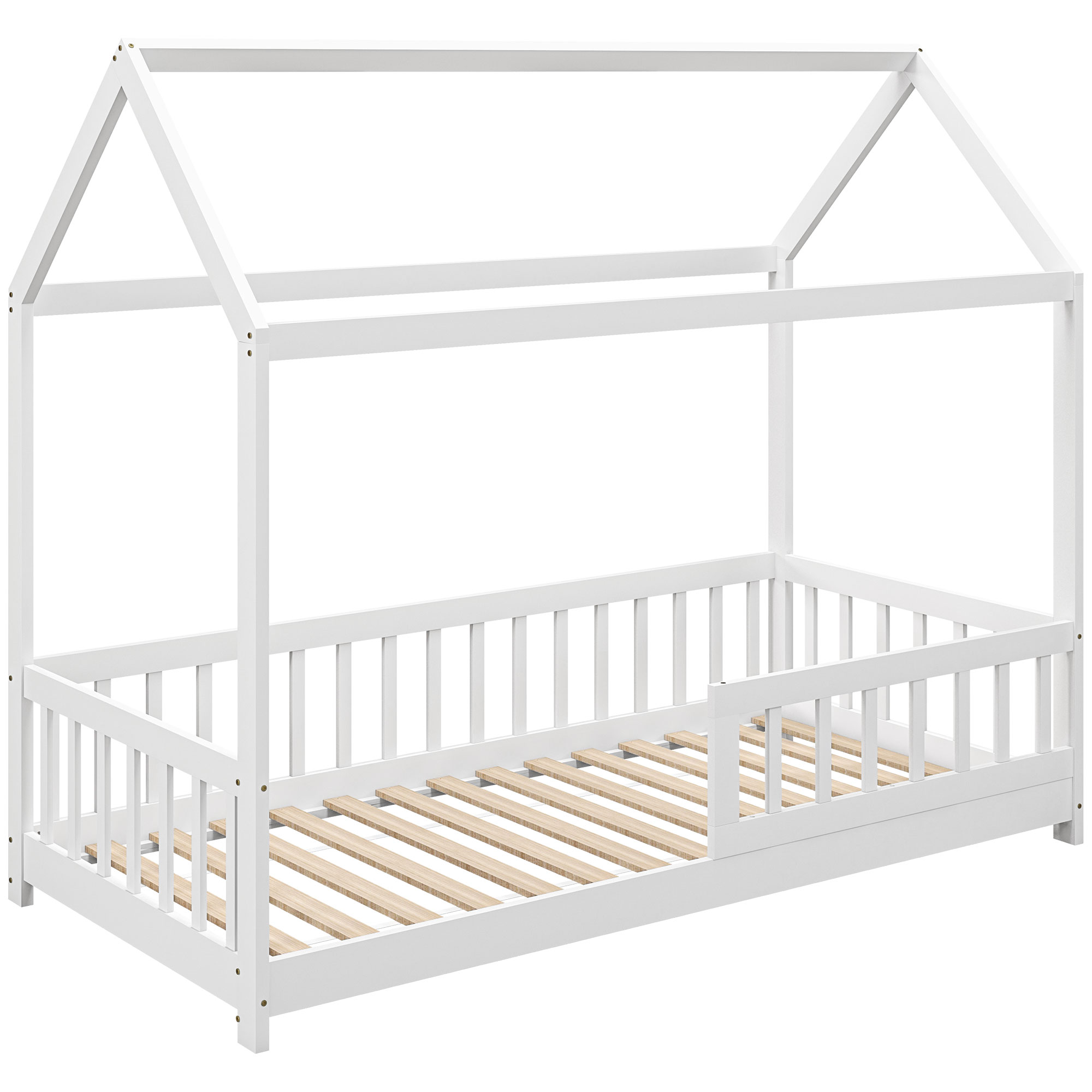 foto del prodotto homcom letto per bambini casetta in legno di pino con doghe e recinzione sicura per stanza dei bambini 96x195x165 cm colore bianco aosom