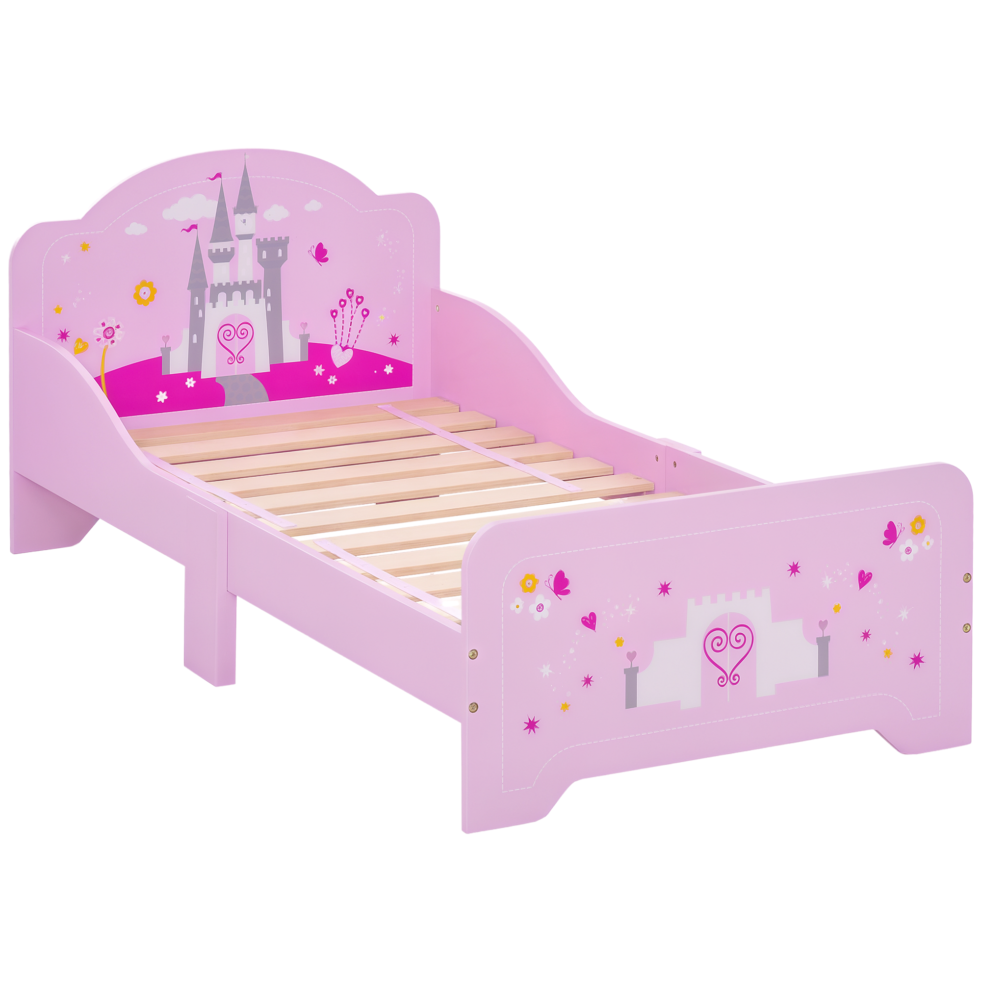 foto del prodotto homcom letto per bambini con spondine di sicurezza in legno per cameretta, lettino per bimbi da 3-6 anni, 143x73x60cm, rosa aosom