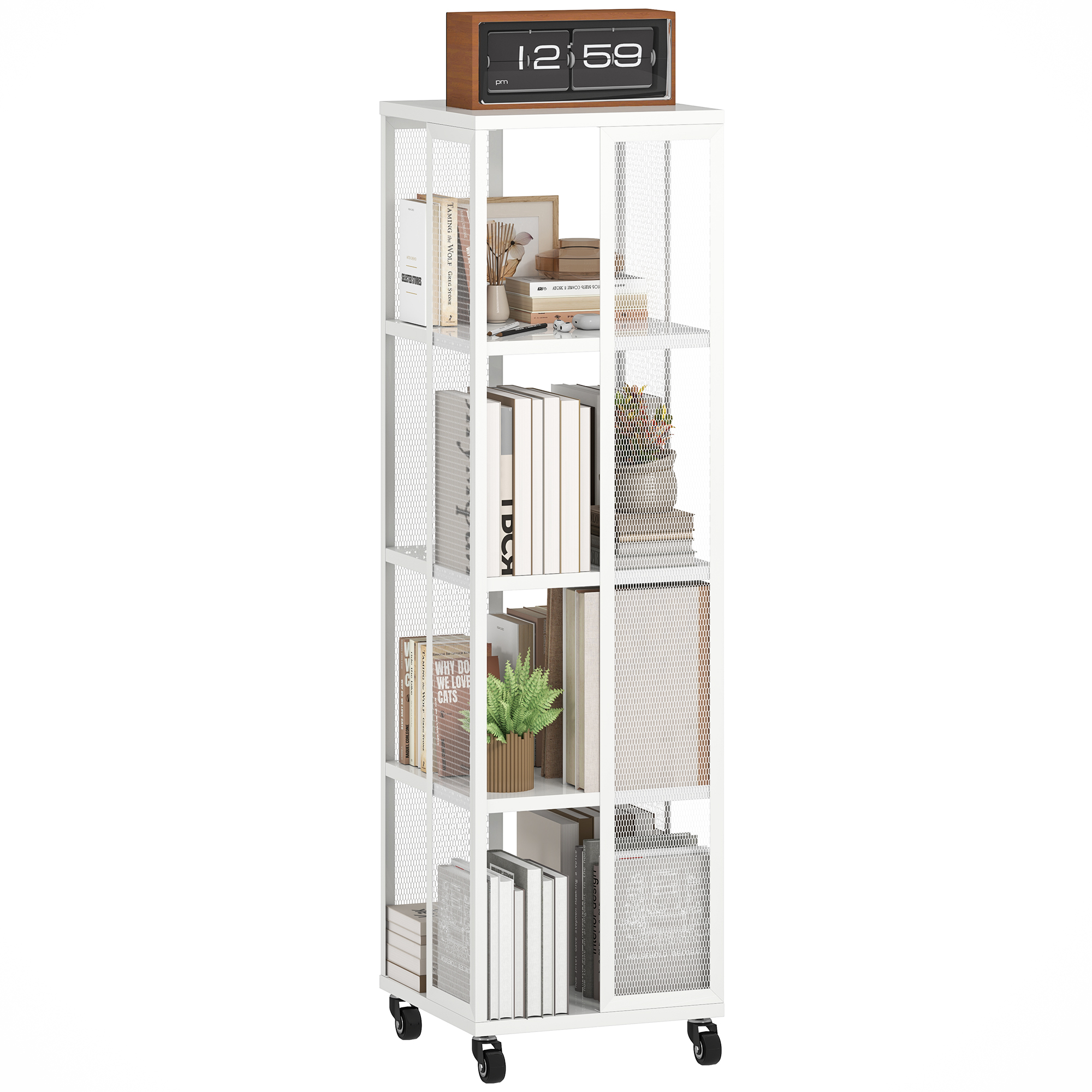 foto del prodotto homcom libreria moderna a 4 ripiani in metallo a rete con ruote, 35x35x129 cm, bianco