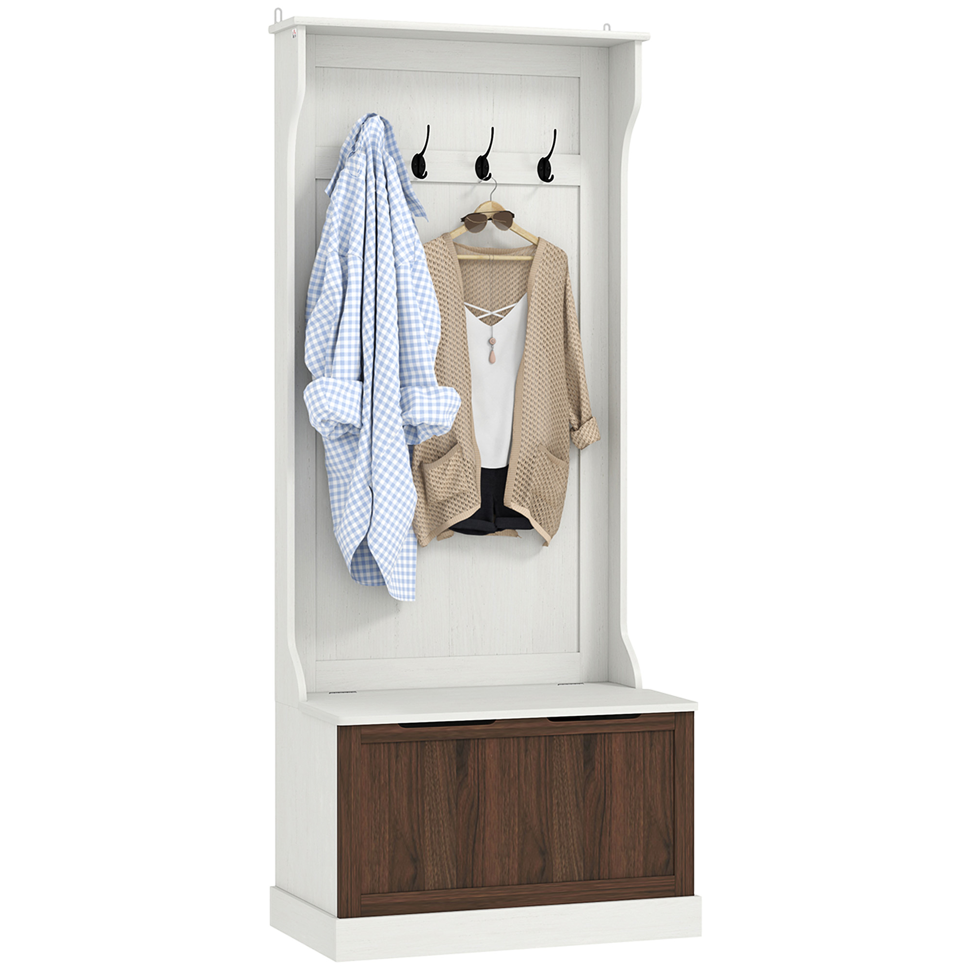 foto del prodotto homcom mobile appendiabiti 3 in 1 con 4 ganci e panca contenitore, in legno, 71.5x39.5x170 cm, bianco