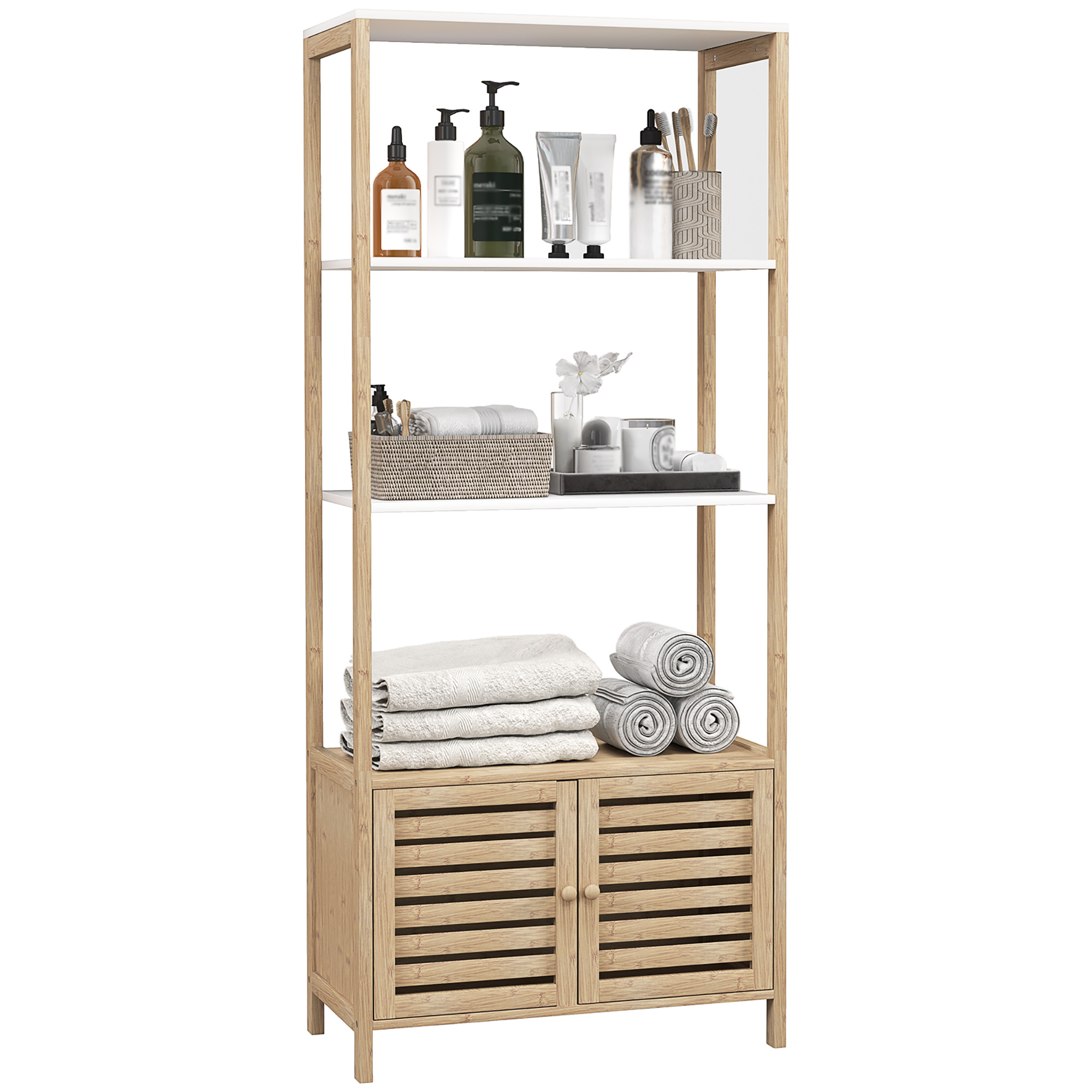 foto del prodotto homcom mobile bagno in bambù con 3 ripiani e armadietto inferiore, 63x30x138 cm, color legno e bianco