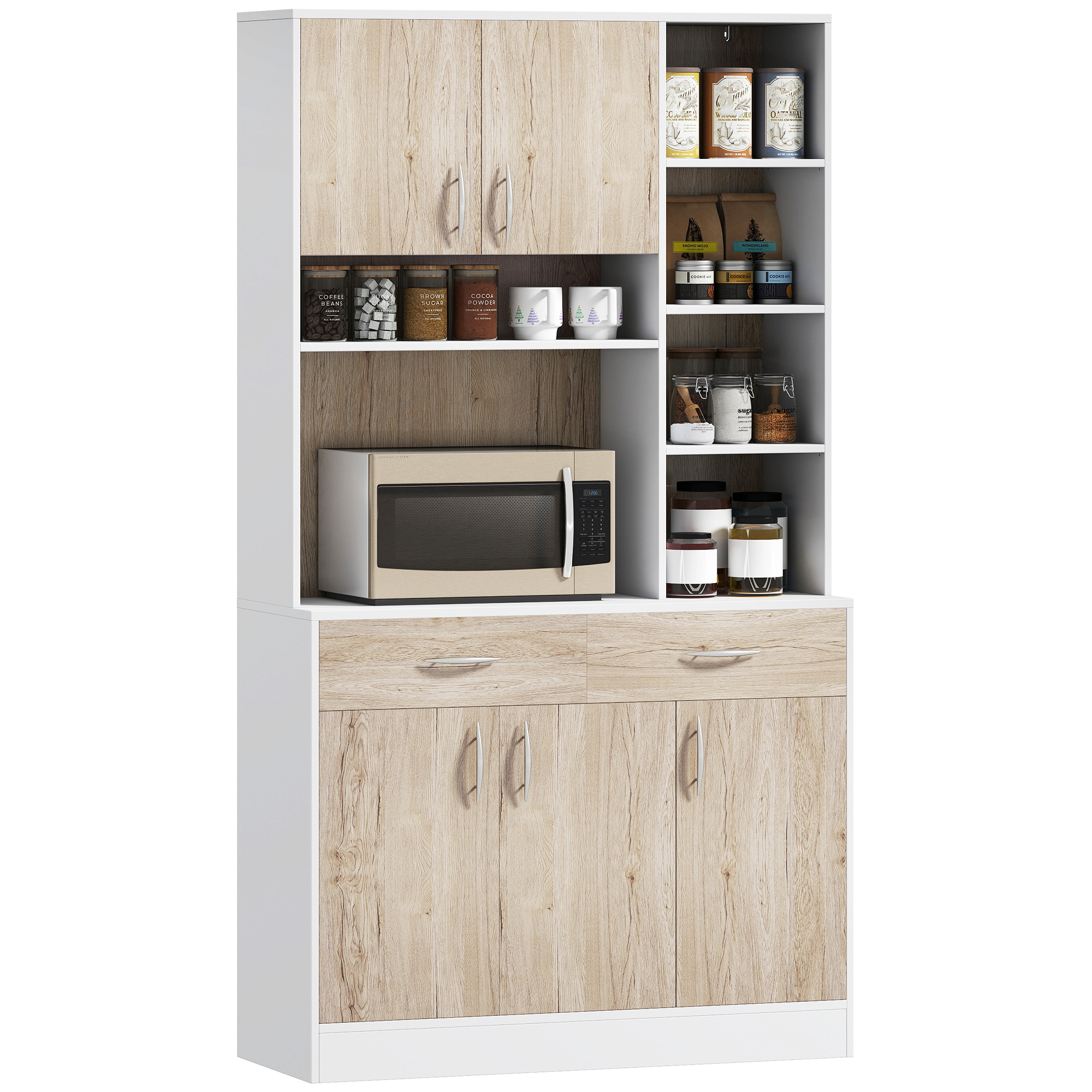 foto del prodotto homcom mobile buffet dispensa cucina, ante cassetti e vani aperti, 100l x 39p x 181.5acm bianco e legno aosom