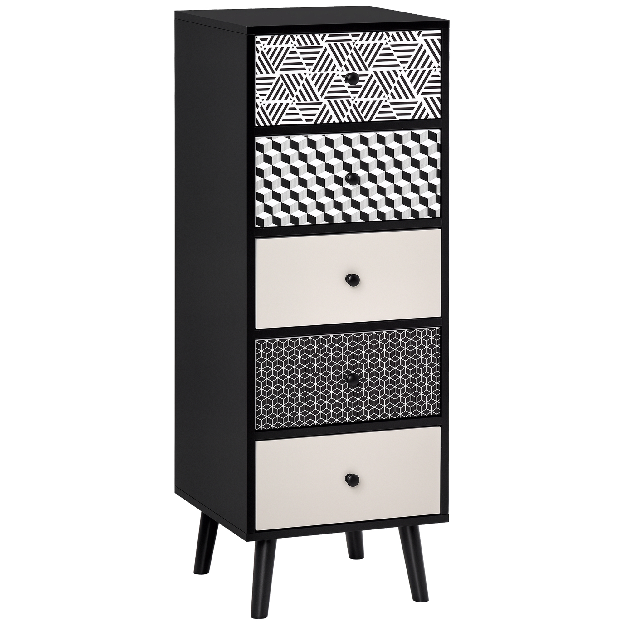 foto del prodotto homcom mobile cassettiera 5 cassetti fantasia geometrica, arredamento moderno camera e ingresso, 39.5x39.5x110cm nero grigio