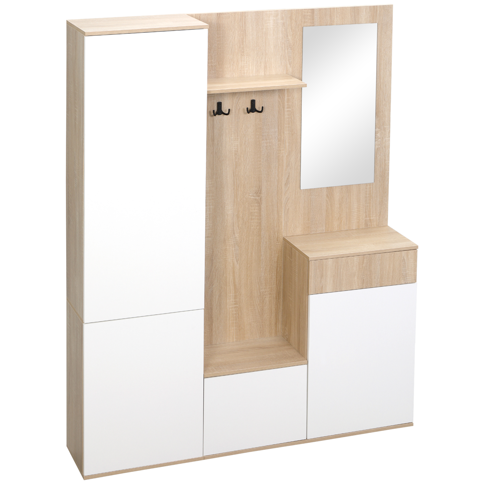 foto del prodotto homcom mobile da ingresso 4 in 1 con appendiabiti, panca, scaffale aperto, cassetto e degli armadietti , 145x29x184 cm, nero e bianco aosom italy