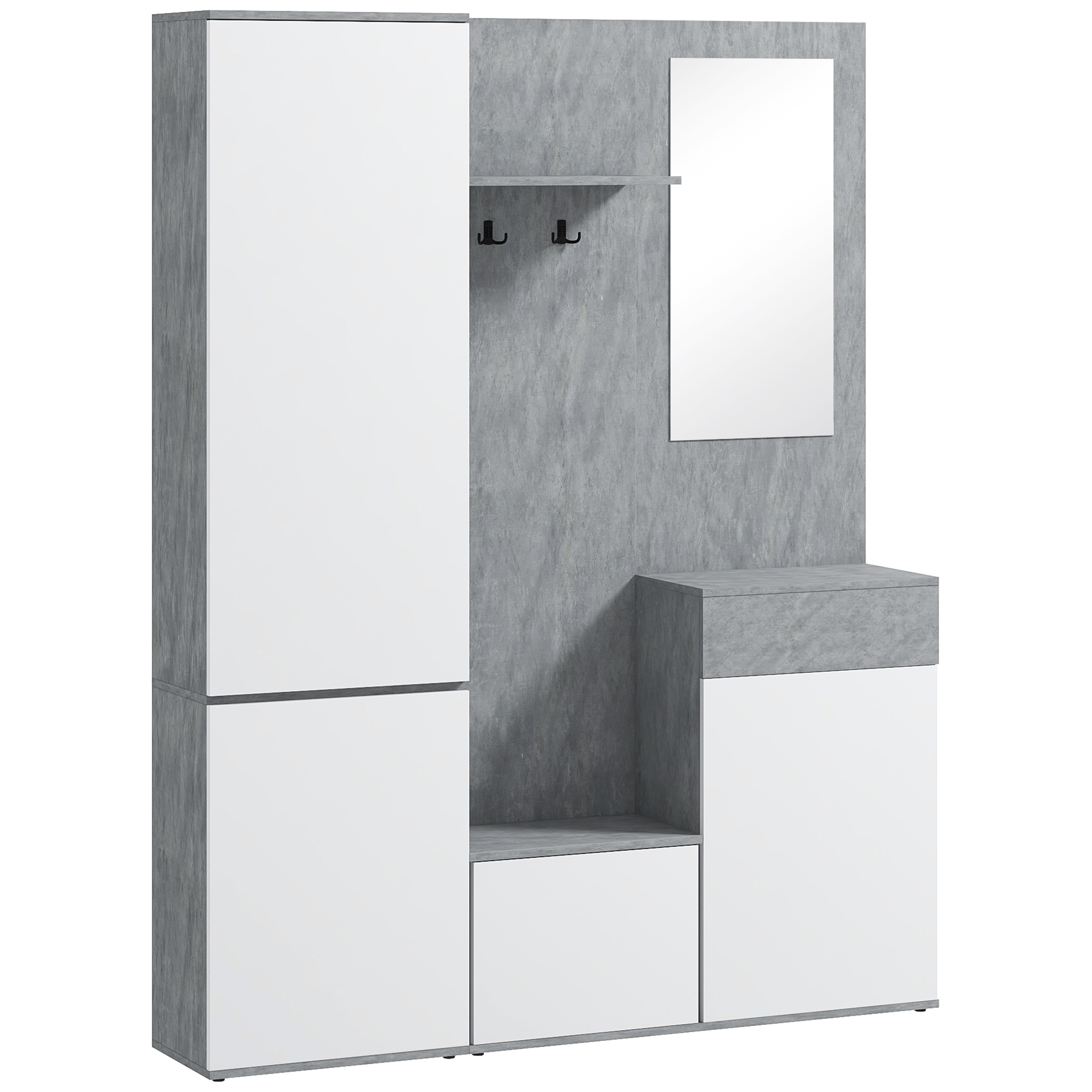 foto del prodotto homcom mobile da ingresso 4 in 1 con specchio, ganci e ripiani interni, in legno, 145x29x184 cm, grigio e bianco