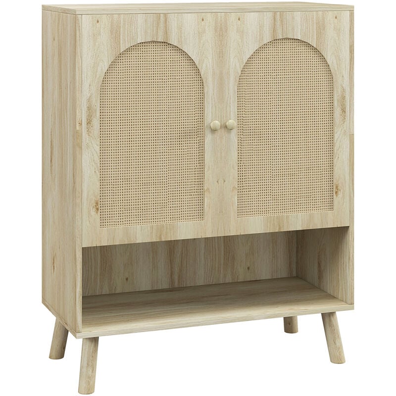 foto del prodotto homcom mobile da ingresso stile boho in legno con ante in rattan rovere