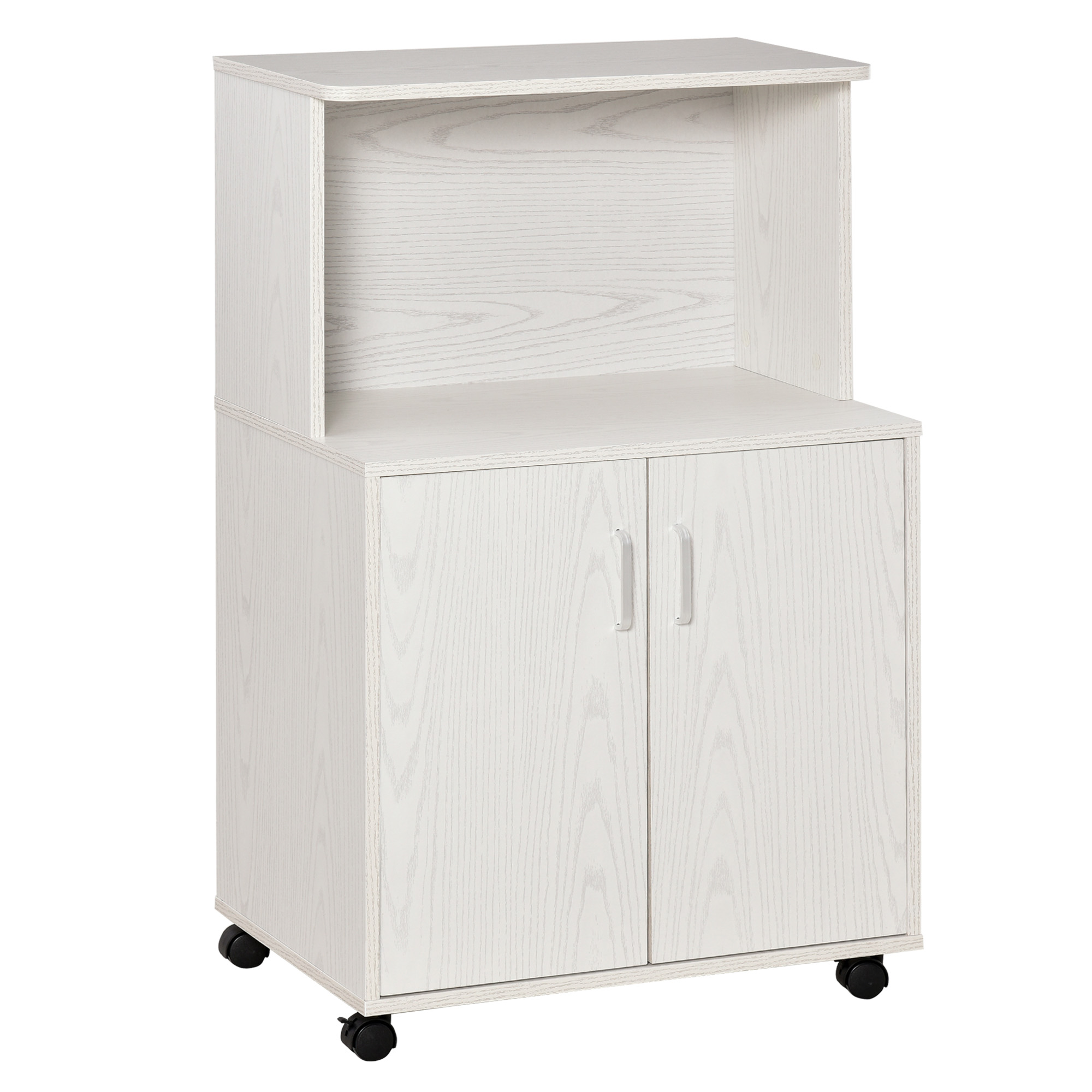 foto del prodotto homcom mobile microonde con ruote, armadietto e ripiano per microonde, credenza alta in legno truciolare, 60.4x40.3x97cm bianco aosom