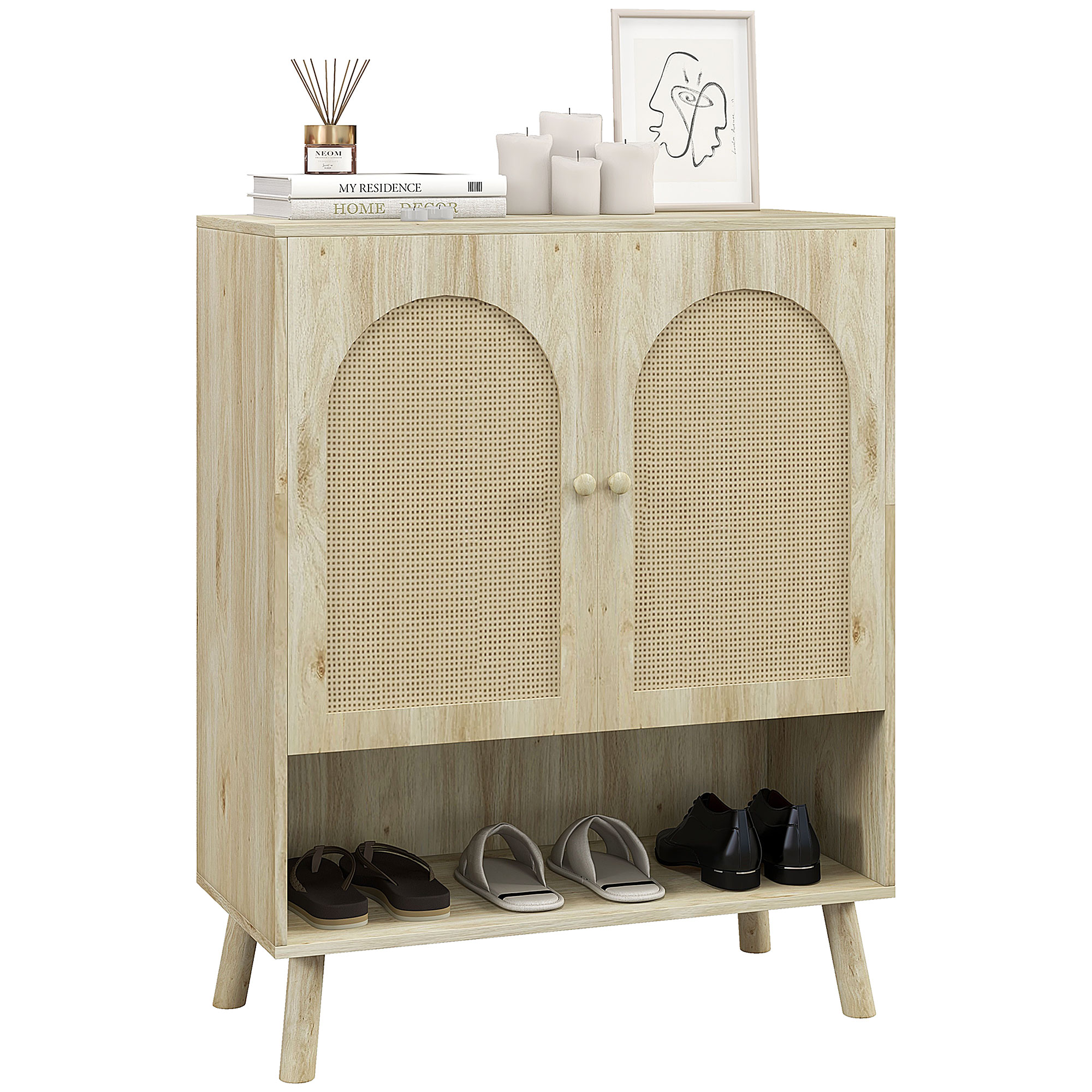 foto del prodotto homcom mobile multiuso in stile boho con ante in rattan e ripiano aperto, 80x38x100cm, rovere aosom