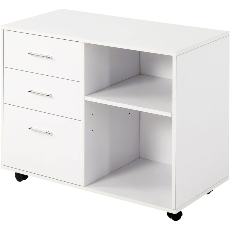 foto del prodotto homcom mobile per stampante ufficio in legno 3 cassetti 4 ruote e ripiani aperti