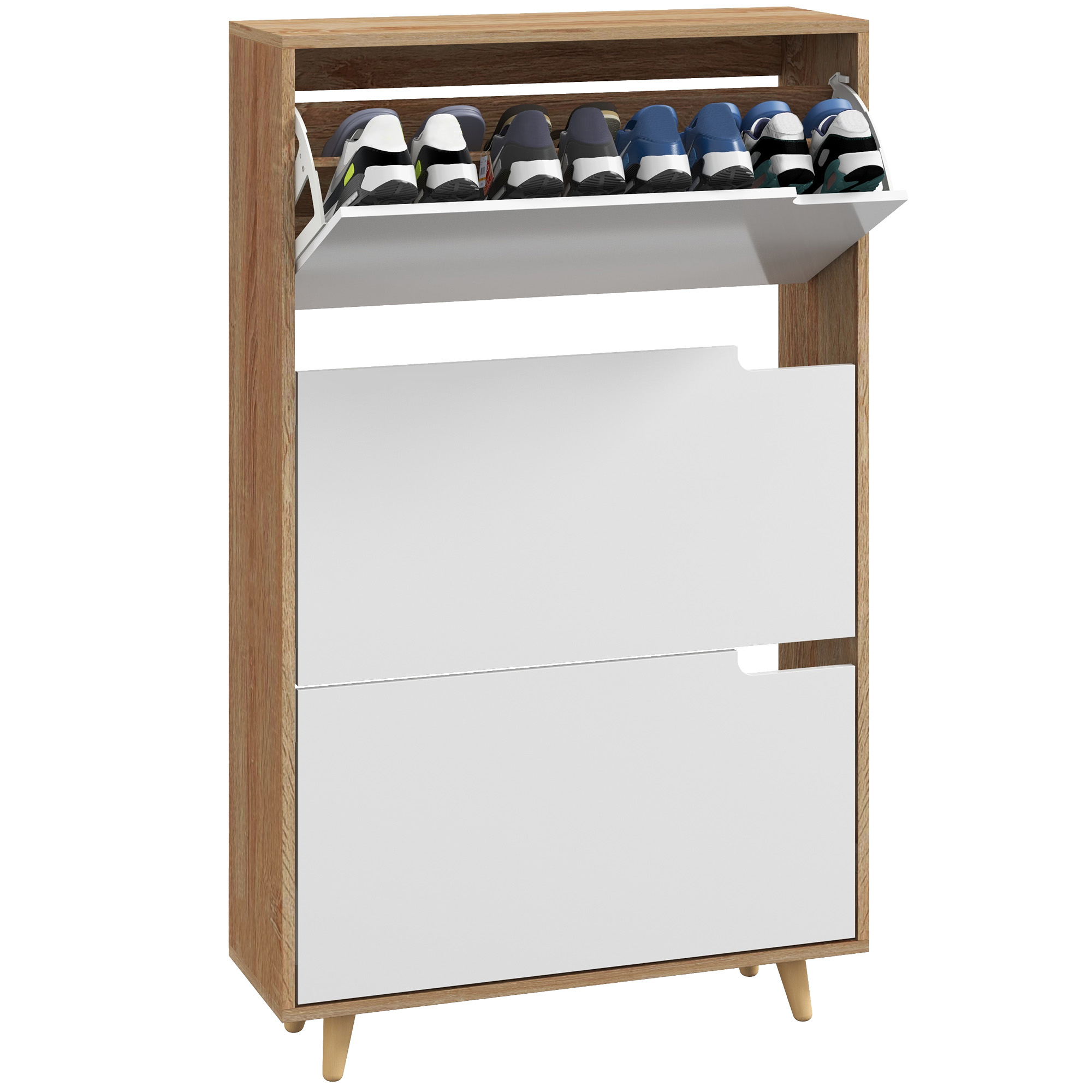 foto del prodotto homcom mobile scarpiera salvaspazio a 3 cassetti con ripiano regolabile e maniglie intagliate per 24 paia di scarpe, 72x24x119cm, bianco aosom italy