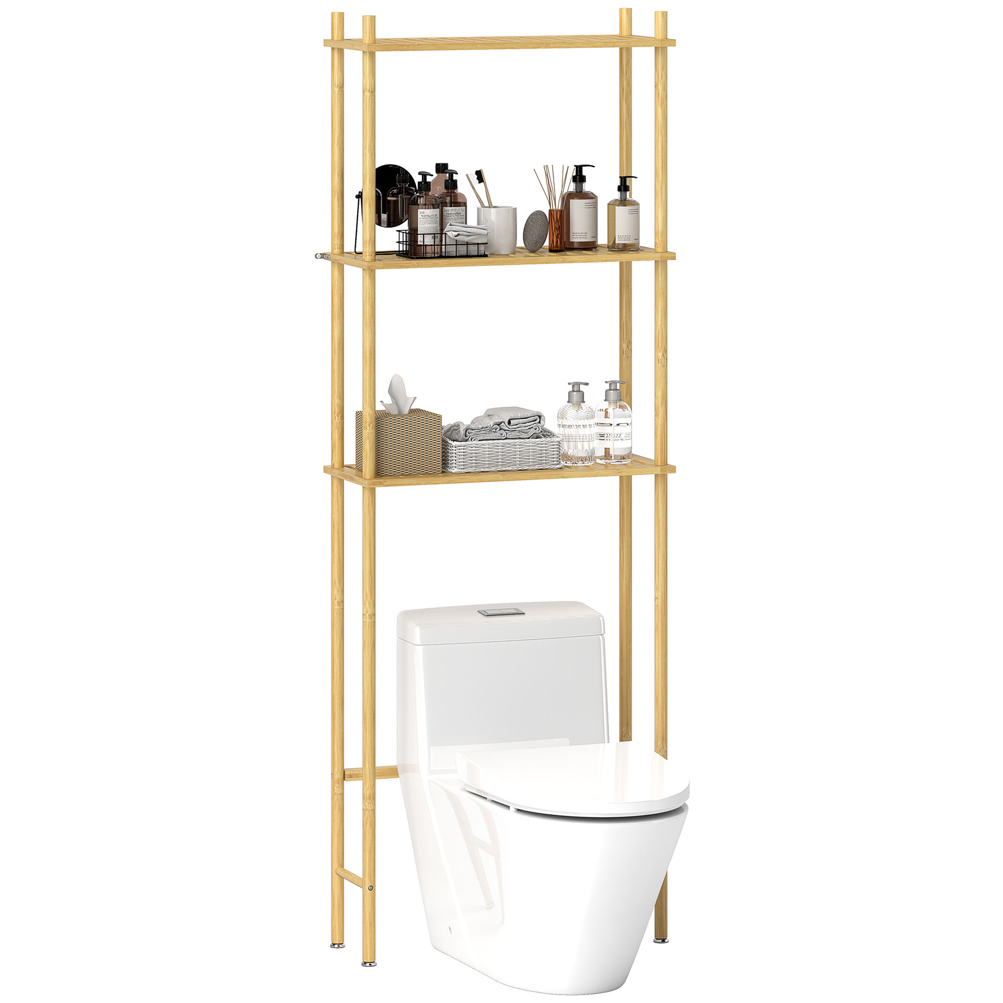 foto del prodotto homcom mobile sopra wc a 3 ripiani a doghe salvaspazio in bambù, 63.5x25.5x181 cm, color legno