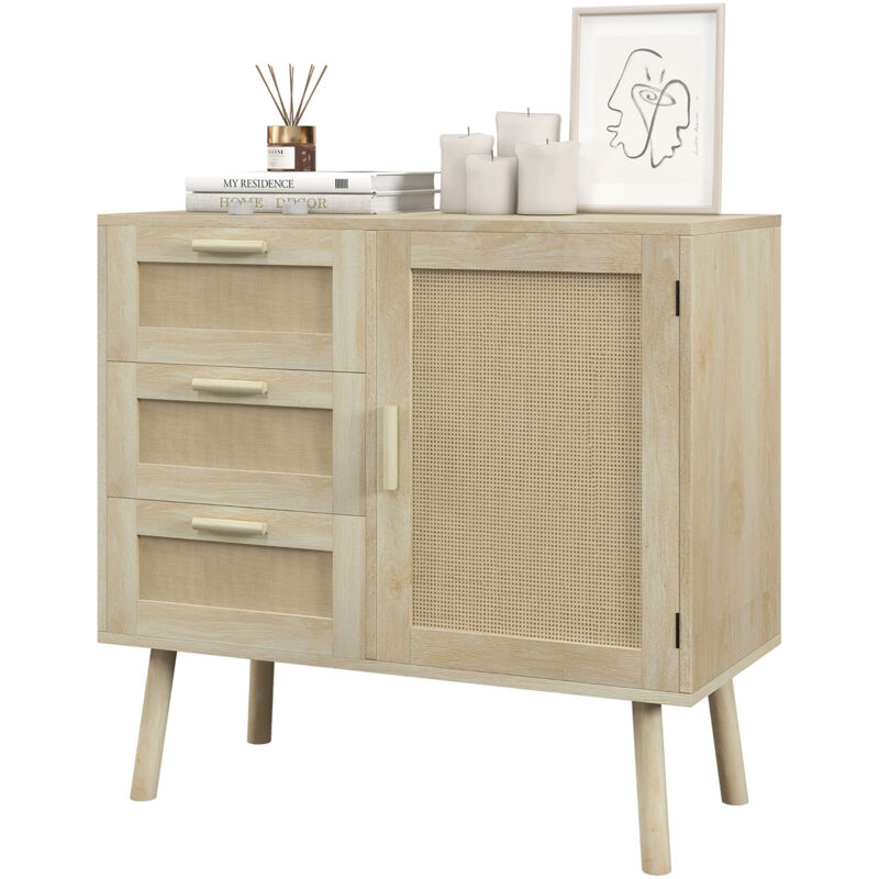 foto del prodotto homcom mobile stile boho con armadietto e 3 cassetti legno e rattan 80x36x75cm