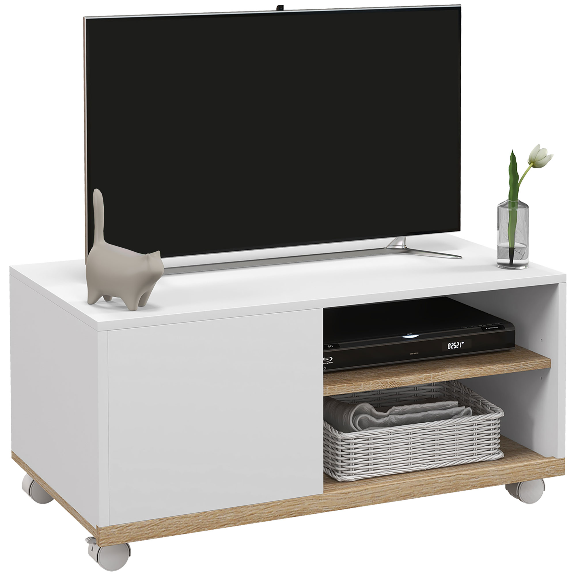 foto del prodotto homcom mobile tv 42 max con 2 ripiani aperti e anta e ruote, in truciolato, 80x45x39.5 cm, bianco aosom
