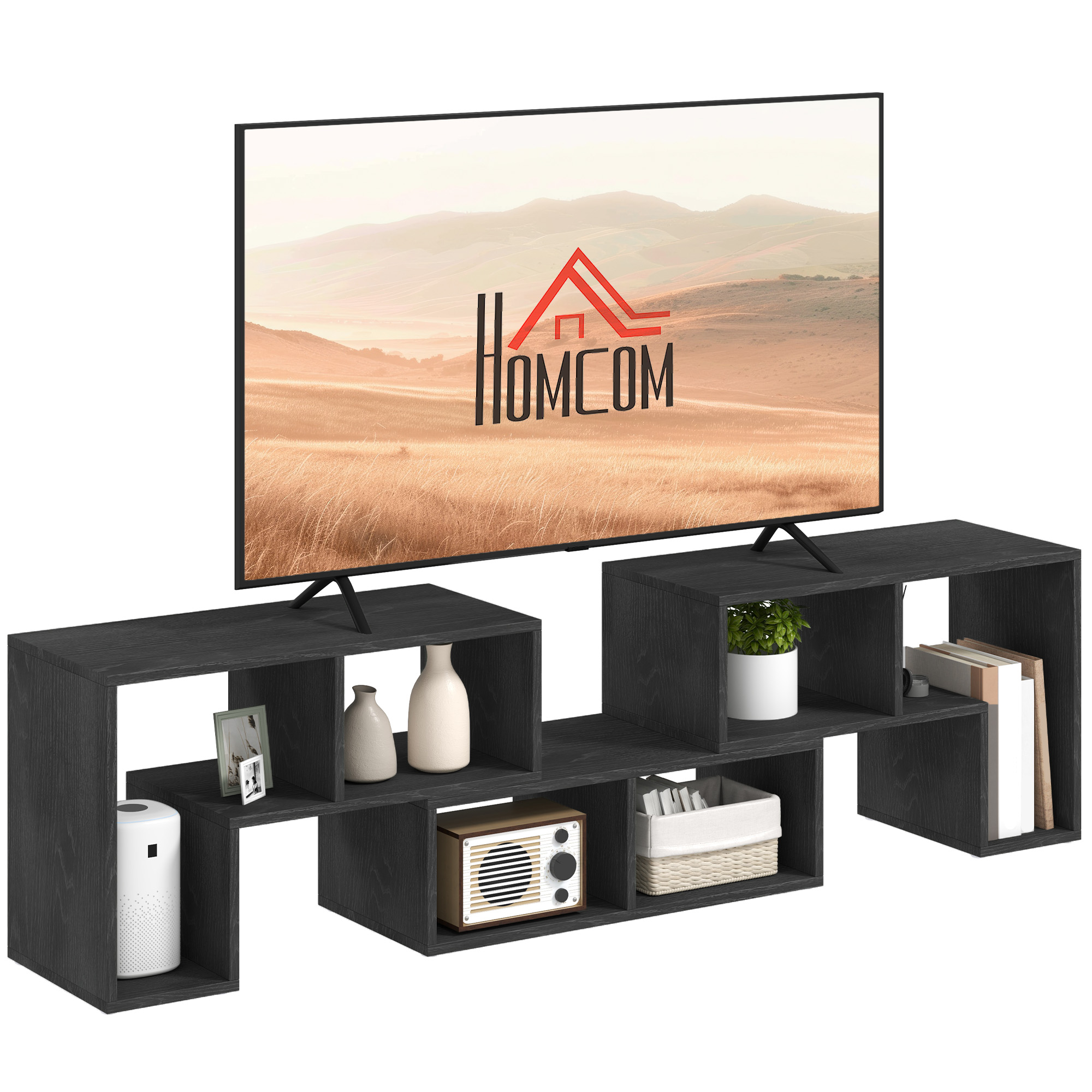 foto del prodotto homcom mobile tv 75 max modulabile con 2 ripiani a l e mensola rettangolare, in legno, 134-180x30.5x44 cm, nero