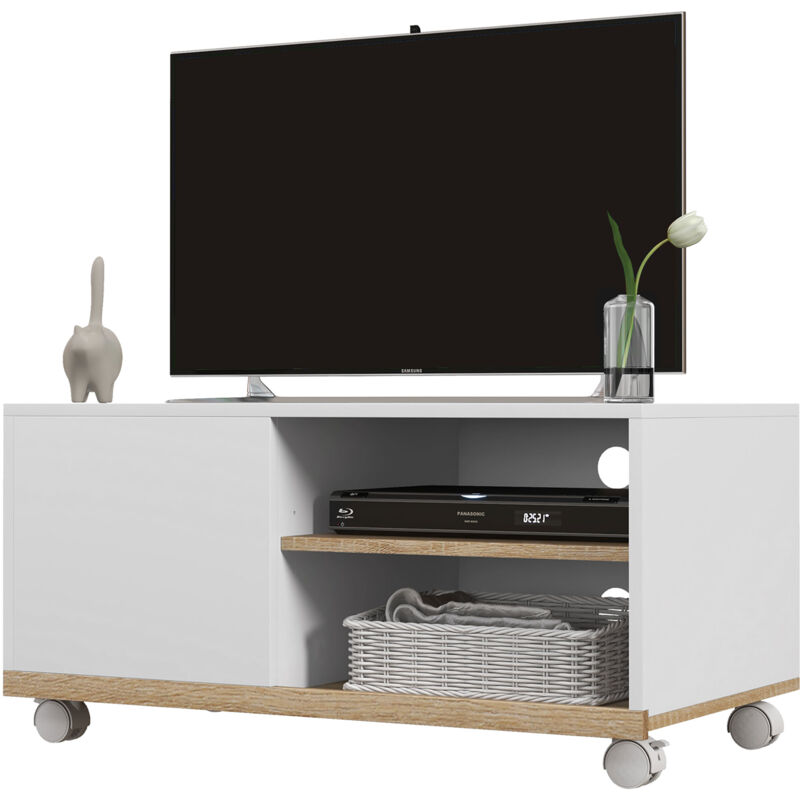 foto del prodotto homcom mobile tv basso con ripiani aperti e anta mobile in truciolato bianco