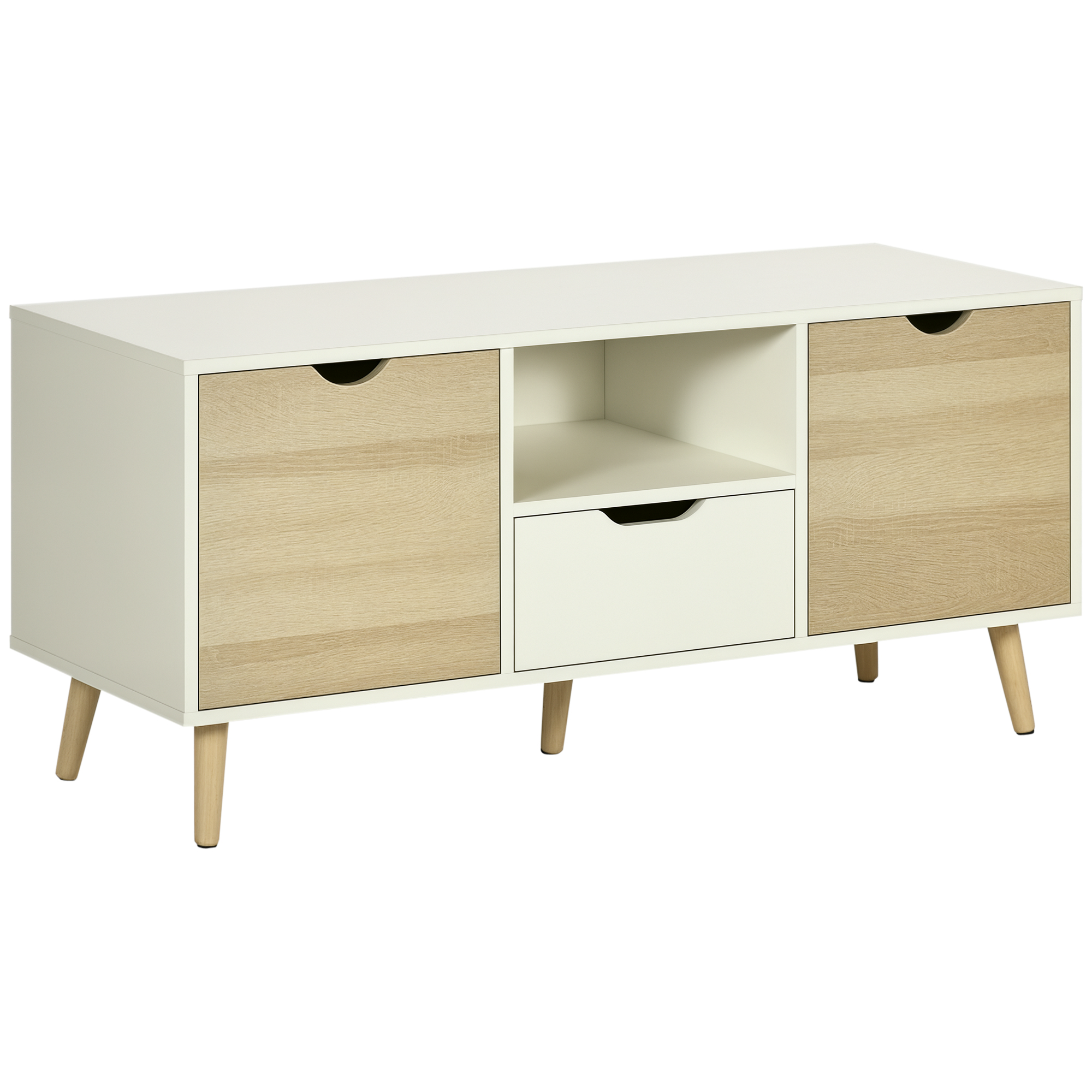 foto del prodotto homcom mobile tv moderno max 55 con cassetti e ripiani, armadietti e 5 gambe in legno, 110x40x50 cm, bianco e colore legno aosom