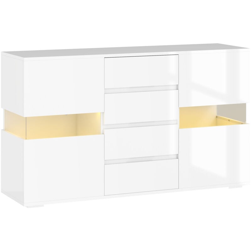 foto del prodotto homcom mobiletto moderno con led regolabile, 2 armadietti e 4 cassetti, bianco