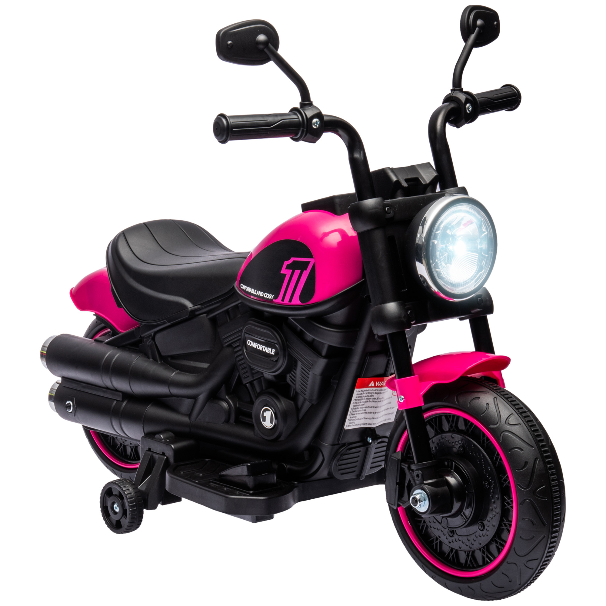 foto del prodotto homcom moto elettrica per bambini 18-36 mesi con rotelle e fanale, 76x42x57 cm, rosa e nero aosom