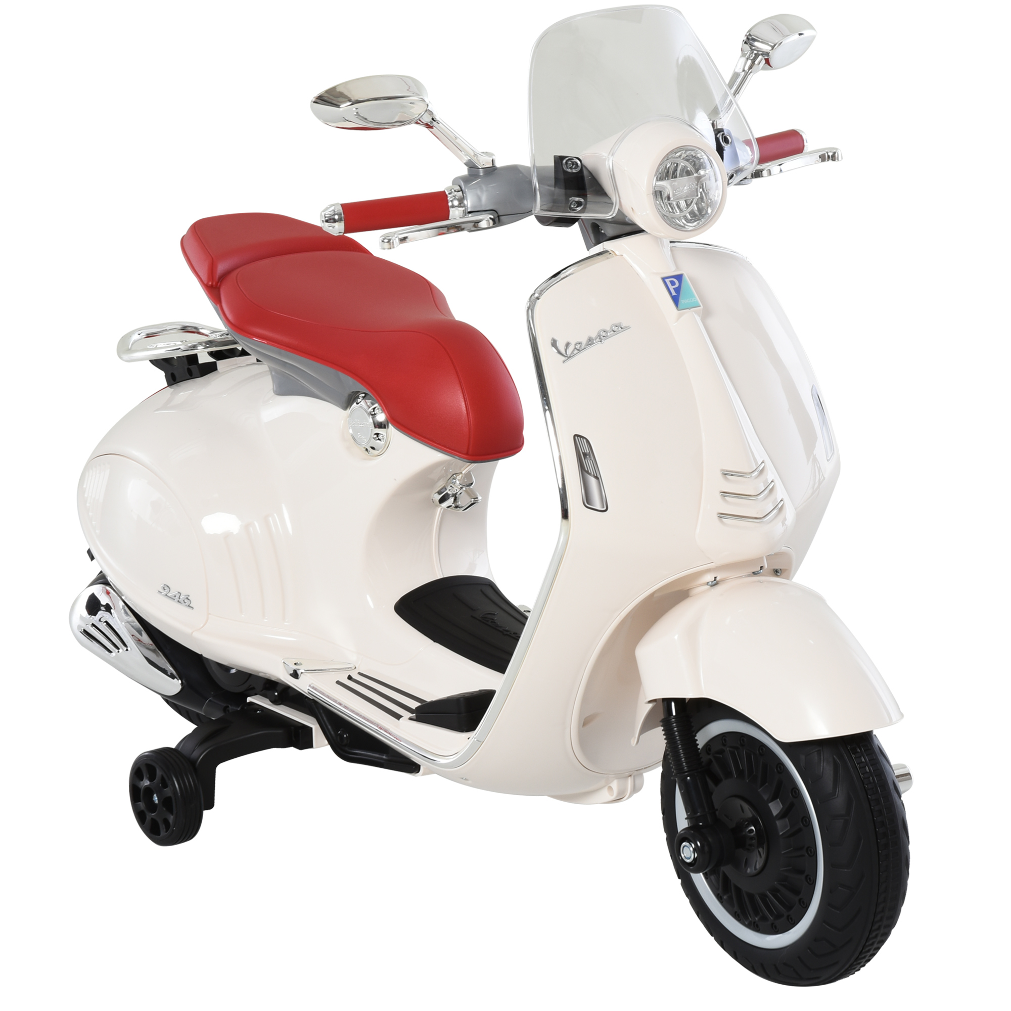 foto del prodotto homcom moto elettrica per bambini con licenza ufficiale vespa, 2 rotelle, luci e suoni, 108x49x75 cm, bianca aosom