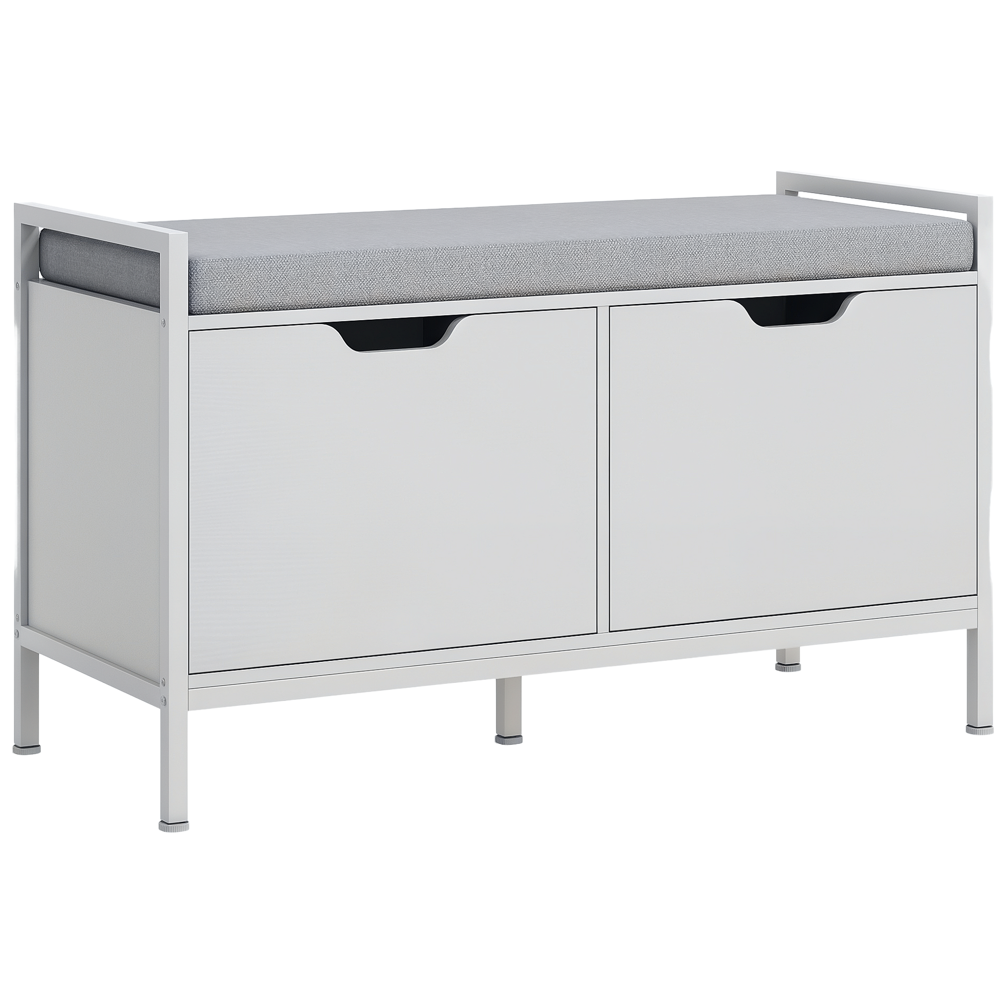 foto del prodotto homcom panca scarpiera a 2 armadietti con cuscino, in tessuto effetto lino, legno e acciaio, 84x35x50 cm, bianco
