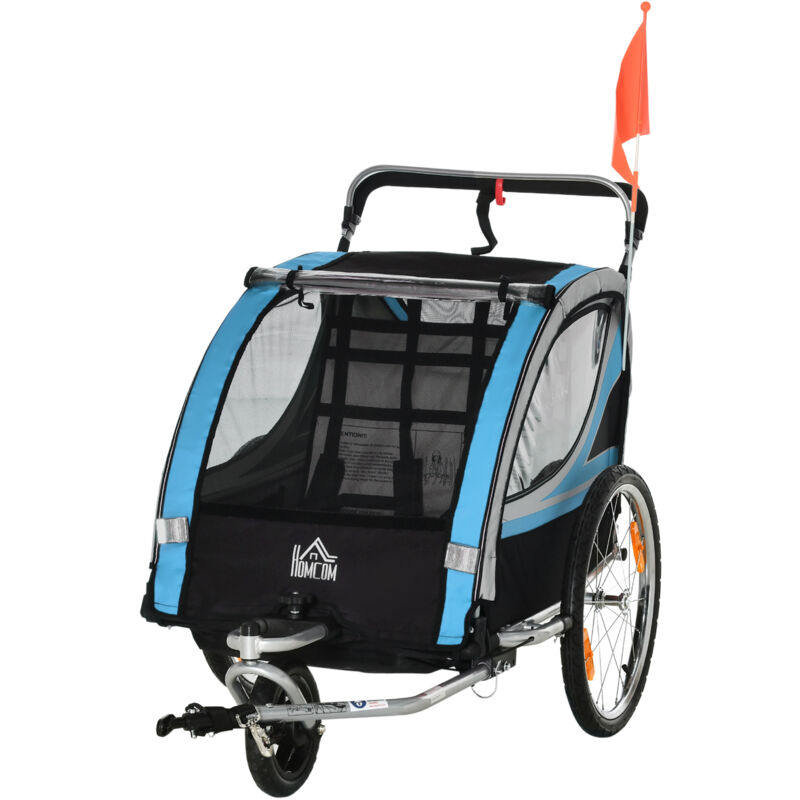 foto del prodotto homcom passeggino e rimorchio bici bambini 2 in 1 con tasche e bandierina blu