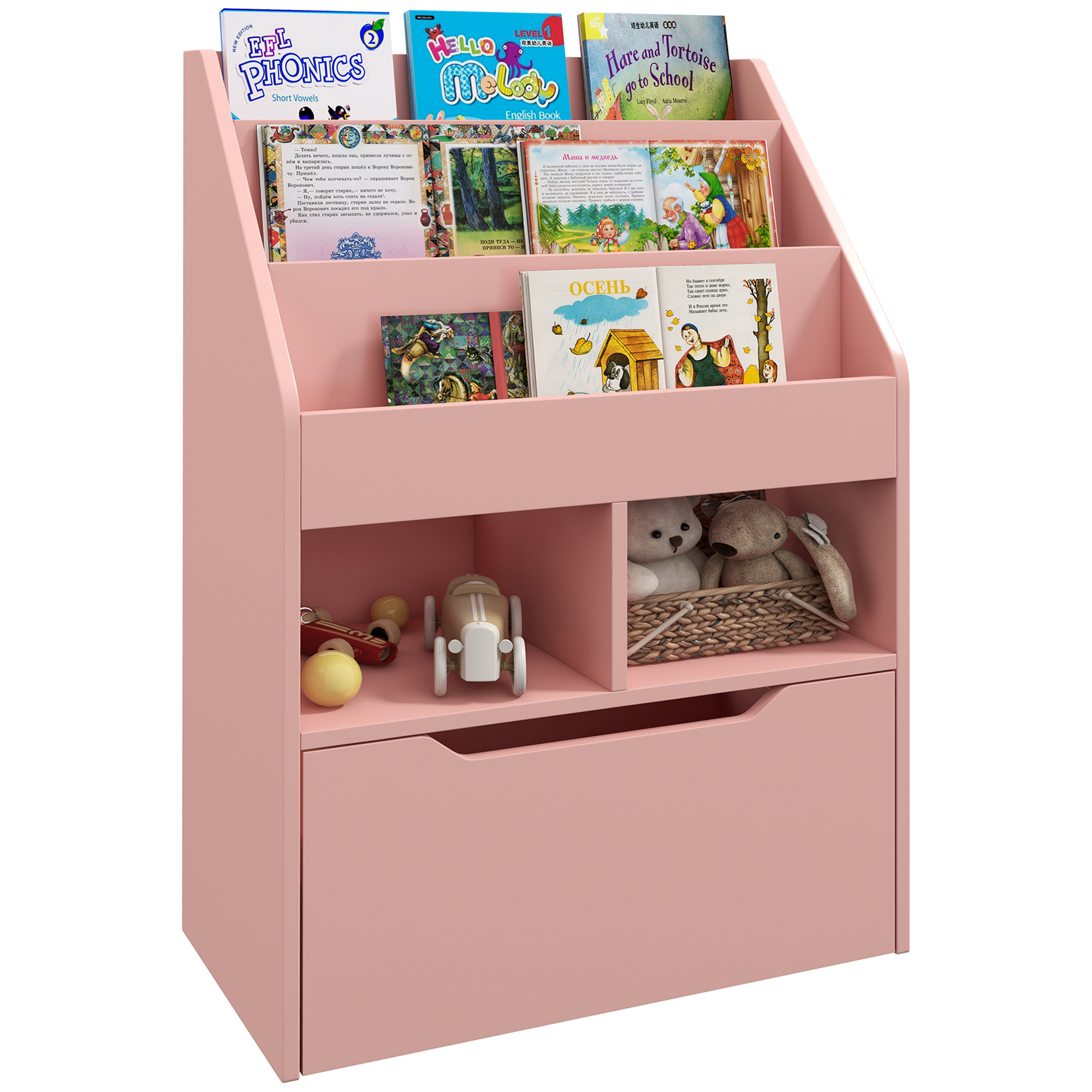 foto del prodotto homcom piccola libreria per bambini con ripiani e cassetto in mdf, 60x29.9x90cm, rosa