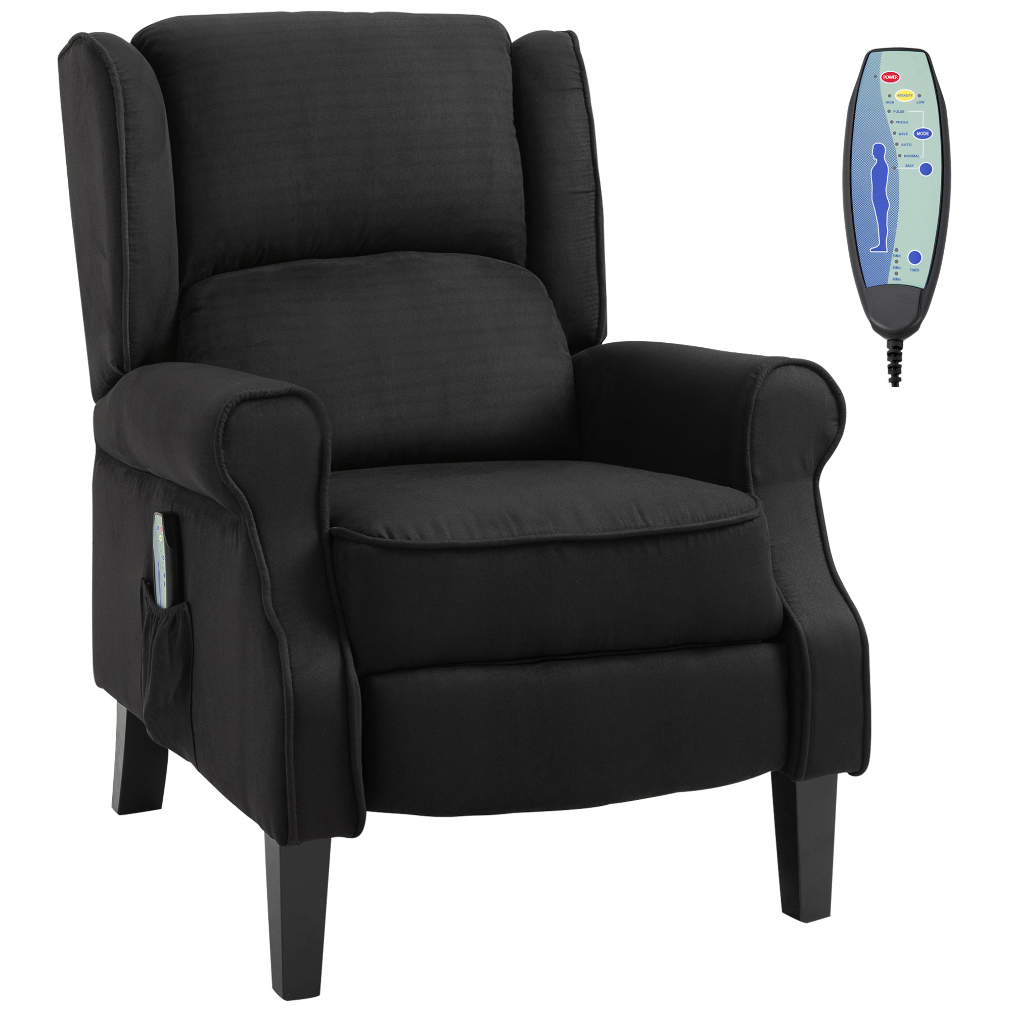 foto del prodotto homcom poltrona manualmente massaggiante a 2 punti e reclinabile con riscaldante e telecomando, tasca laterale e seduta imbottita, nero aosom italy