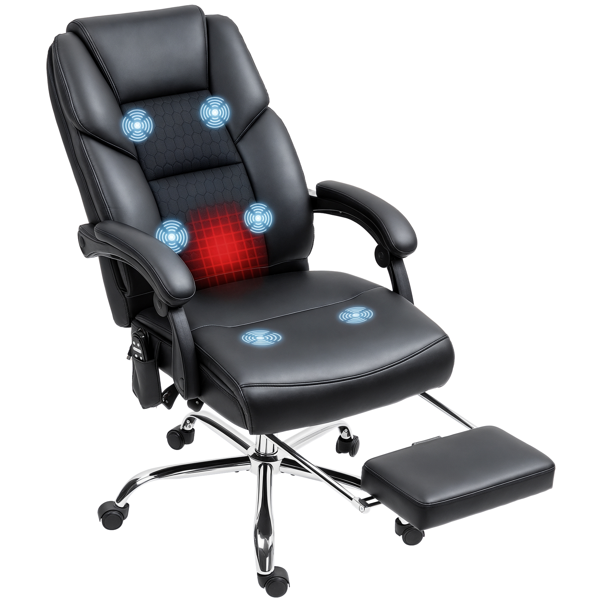 foto del prodotto homcom poltrona ufficio massaggiante e riscaldata con schienale reclinabile e poggiapiedi, sedia da ufficio in pelle pu, nero aosom italy