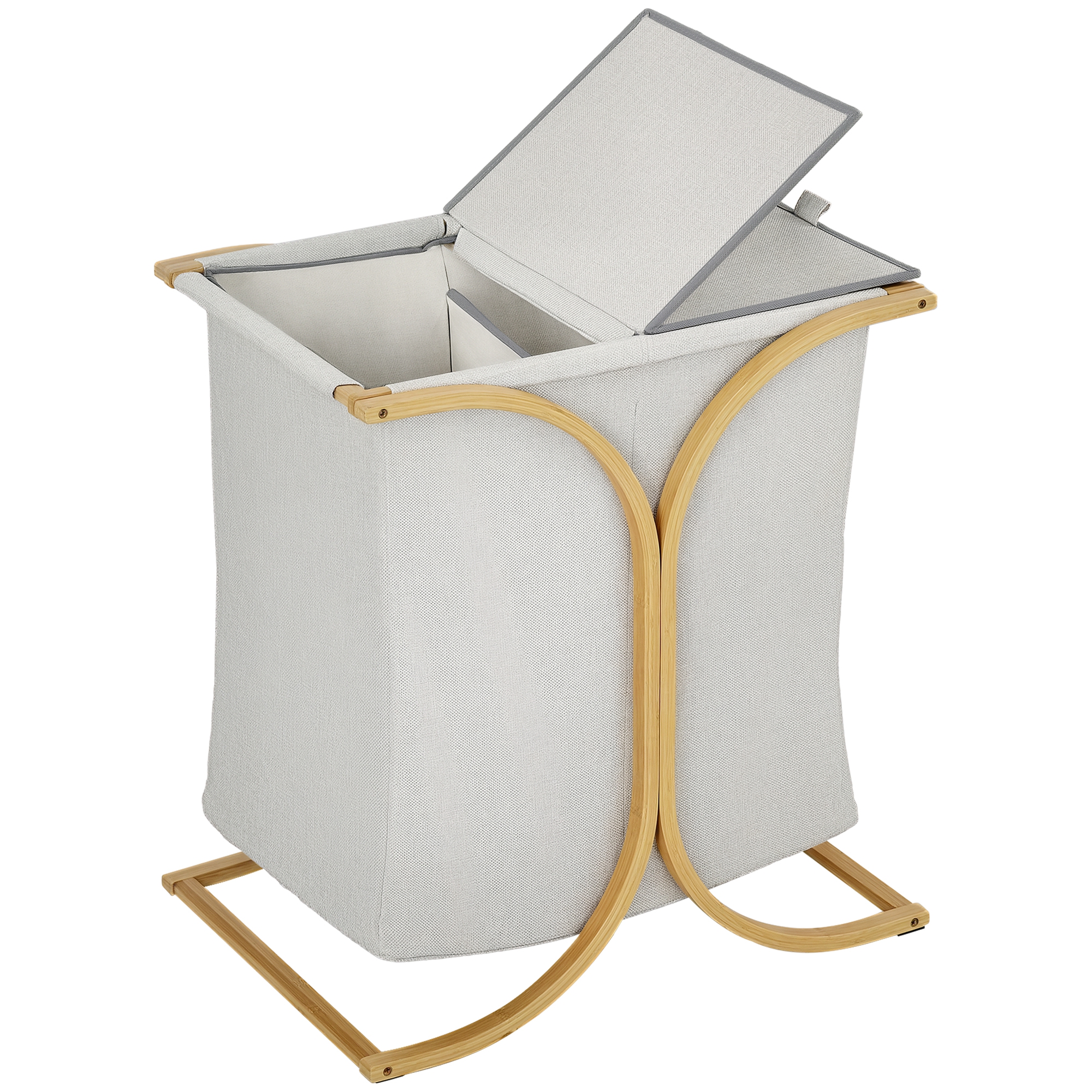 foto del prodotto homcom portabiancheria a 2 cesti con coperchio in bambù e poliestere, 55x40x62 cm, grigio e color legno